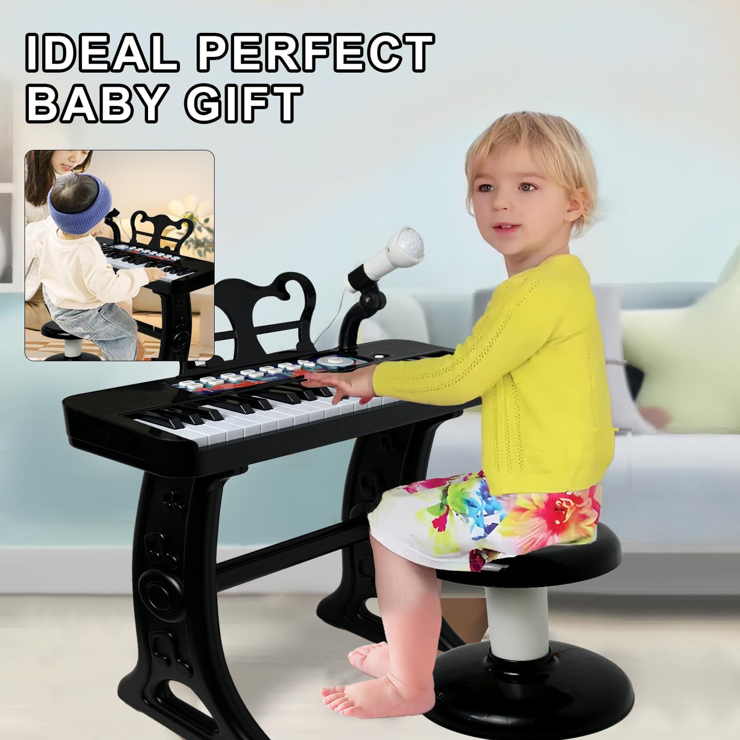 Love&Mini Piano Toy for Kids - 37 Keys Piano Keyboard Toy with Stool and Microphone, Black Electronic Musical Instrument Birthday Gift for Kids 3 4 5 6 7 8 Years Old Boys and Girls