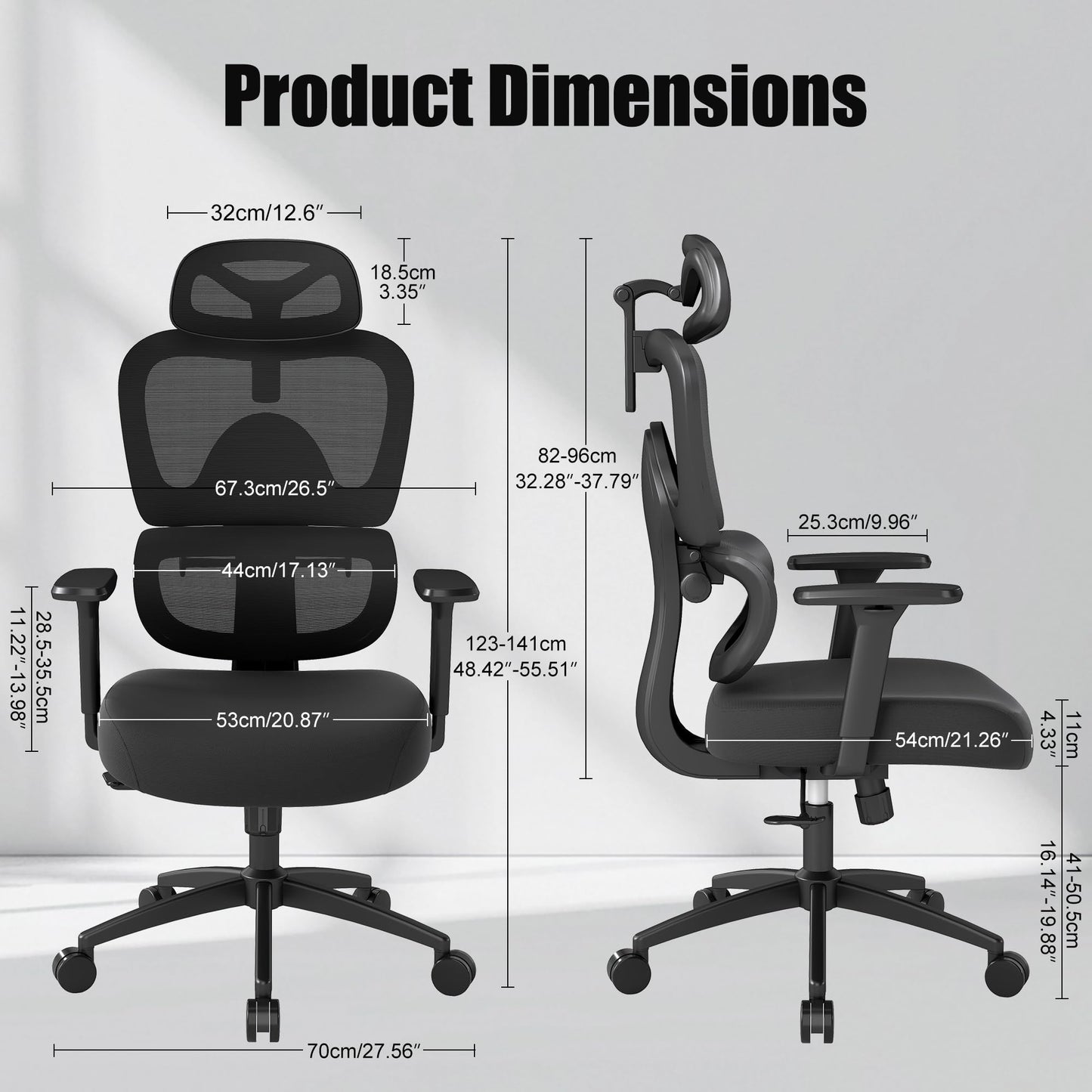 Ergonomic Office Chair with Adjustable Lumbar Support, 3D Arms and Headrest, High Back Wide Desk Computer Chair with Wheels, for Home & Office, Black