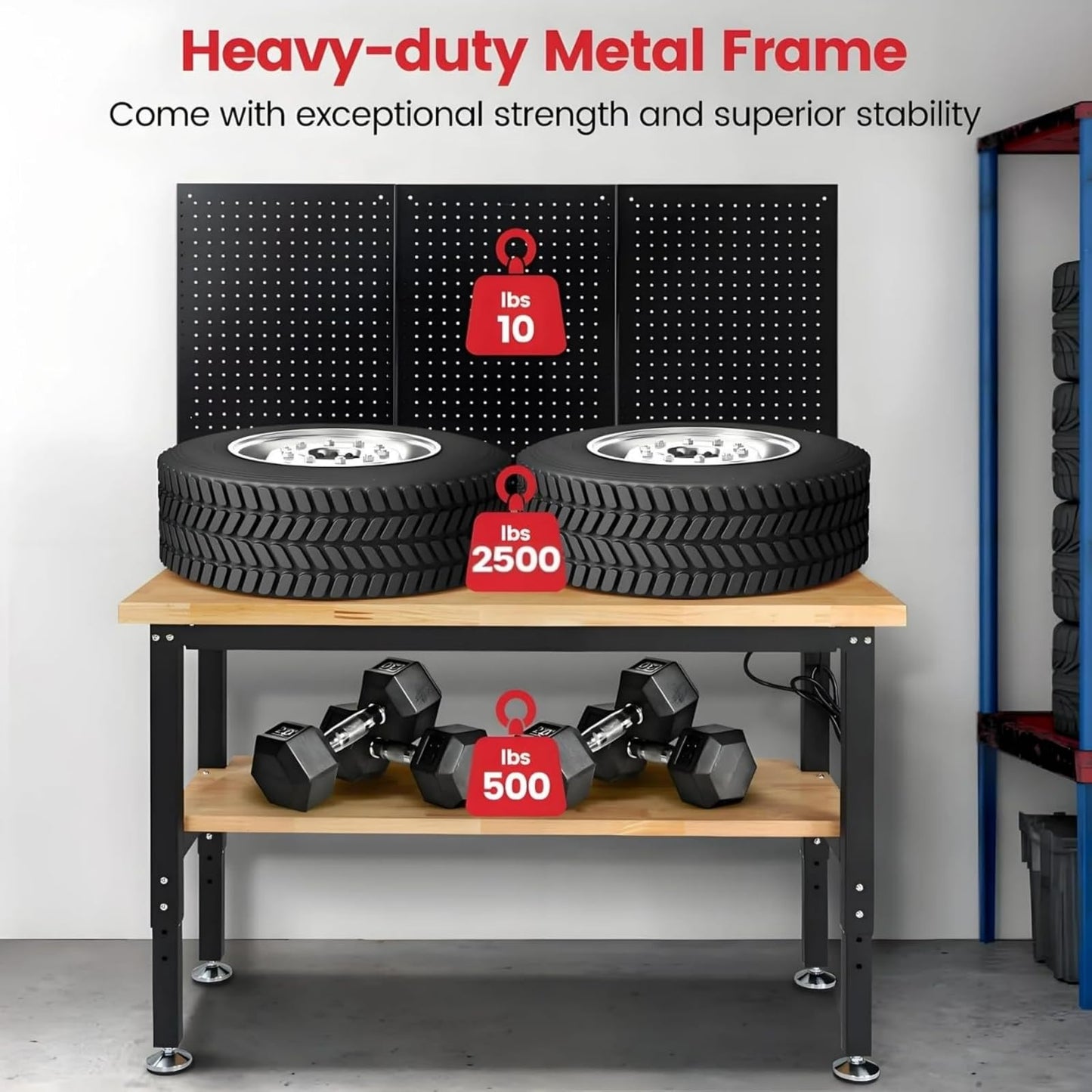 ENJOYWOOD 48" x 20" Heavy Duty Workbench Adjustable Height Garage Work Table with Solid Rubberwood Top, Double Layer Shelf, Pegboard & Power Outlets for Workshop, Home & Office
