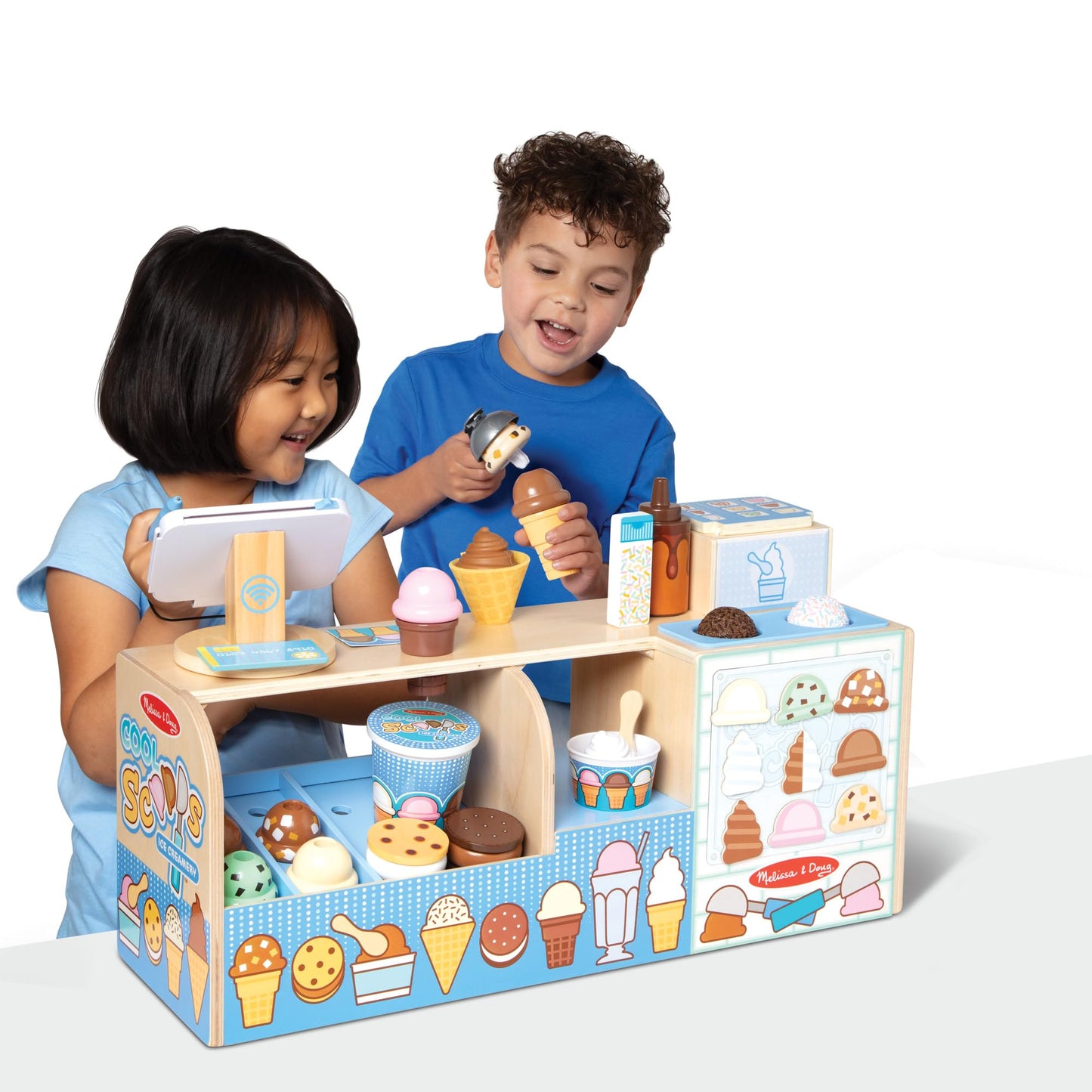 Melissa & Doug Cool Scoops Ice Creamery, Wooden Ice Cream Shop & Counter with Play Food & Play Kitchen Accessories, Preschool Learning Toys for Girls & Boys 3+ - FSC Certified