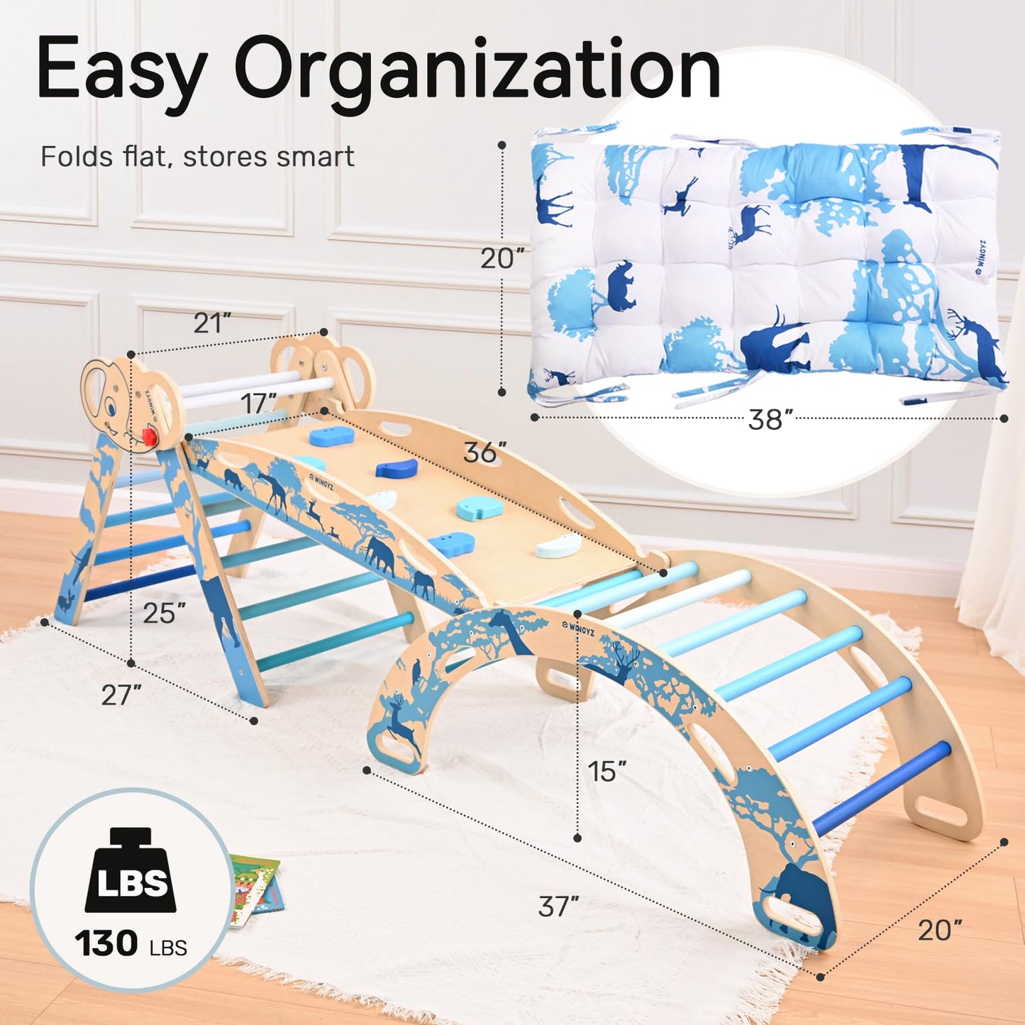wingyz 8-in-1 Pikler Triangle Set-Foldable Baby Climbing Toys with Cushion, Arch, Ramp & Ladder | Montessori Toddler Climber Indoor Jungle Gym for Kids (Blue)