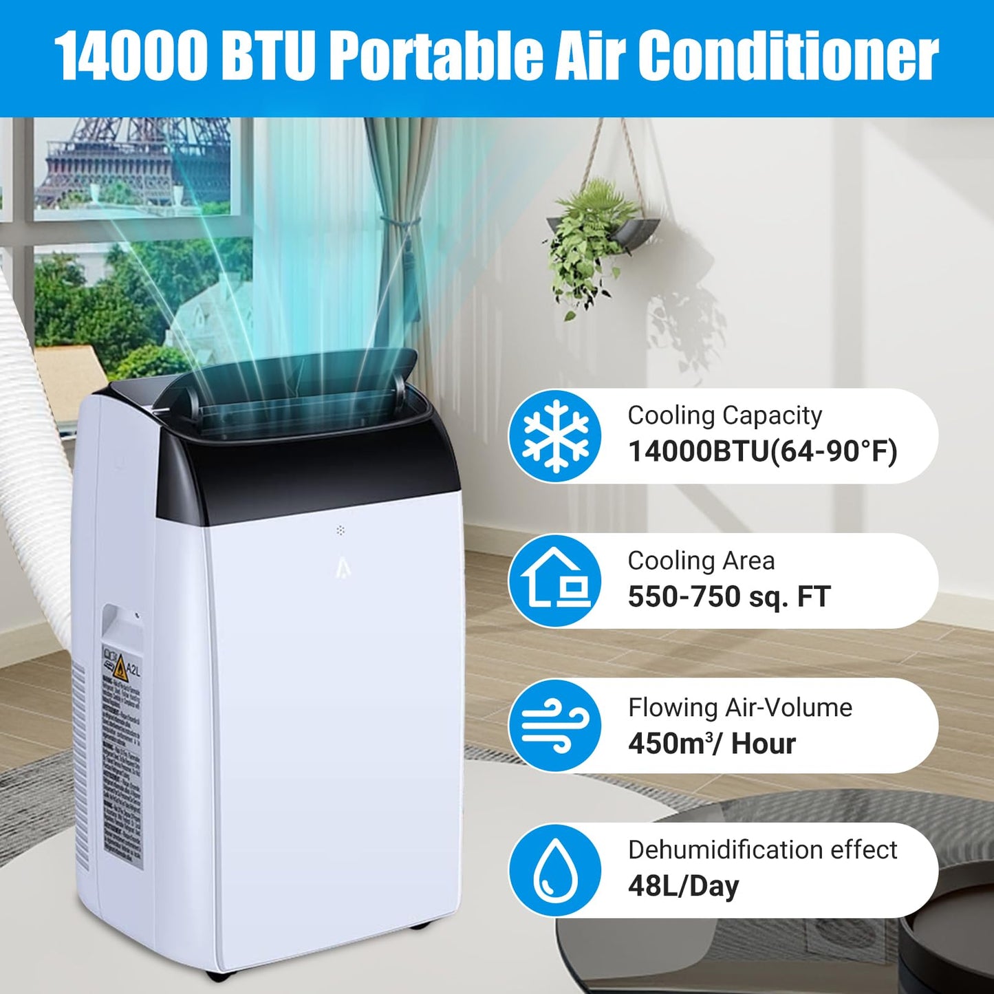 Hipicute 14000 BTU Portable Air Conditioners with Remote Control, 3-in-1 Free Standing Cooling AC Unit with Fan & Dehumidifier, Cools Room up 750 Sq. Ft, 24H Timer, Window Mount Exhaust Kit
