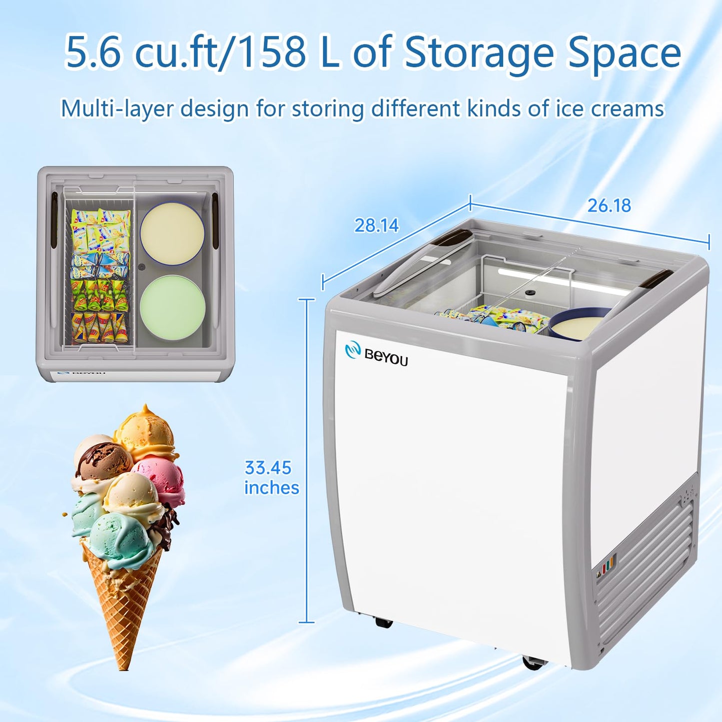 BEYOU Commercial Ice Cream Freezers with Display Glass Top,5.6 Cu.ft Chest Freezer with Wire Basket, White