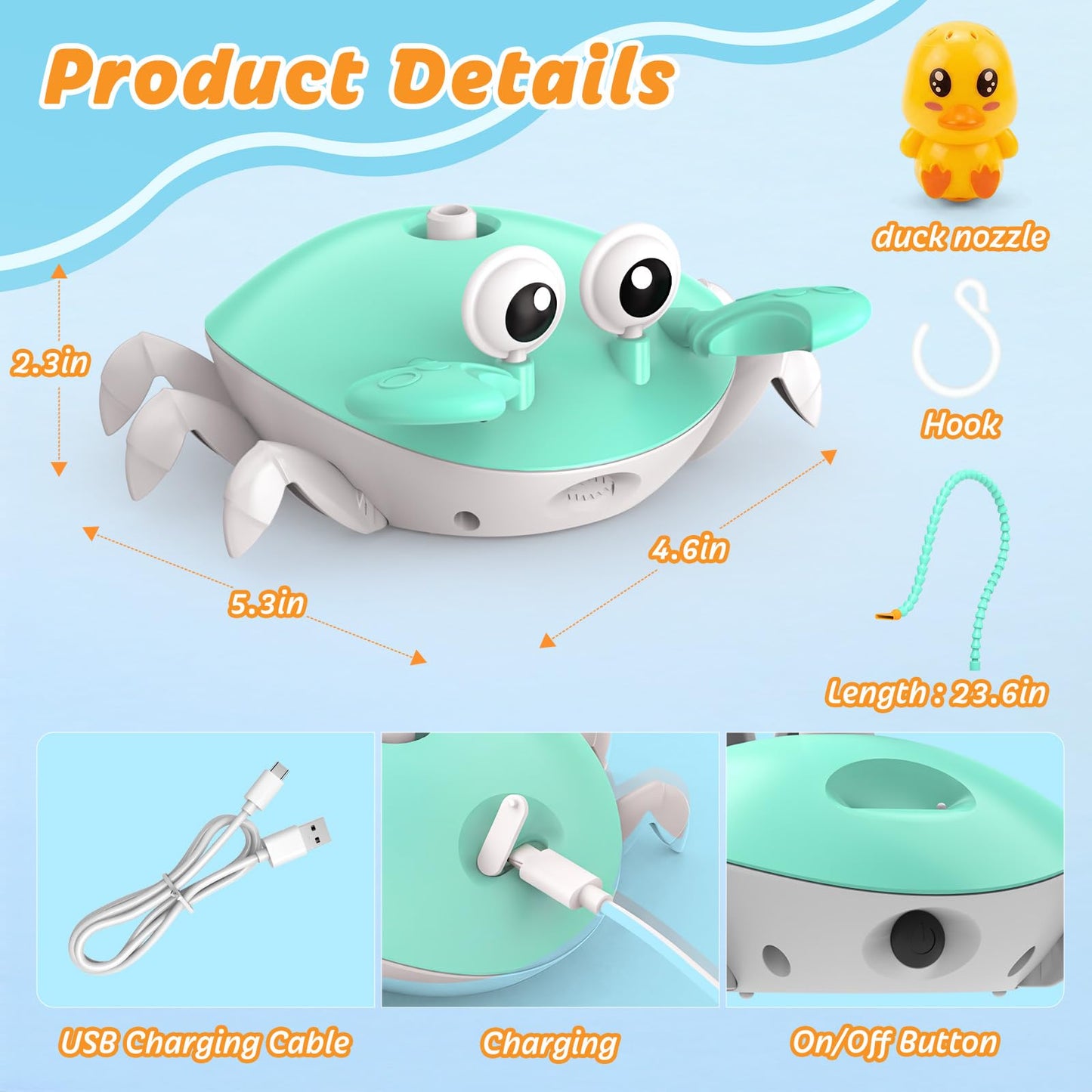 Water Table Pump, 5400mAh Rechargeable Crab Water Pump Toy for Kids age 1-3 with 8Hrs Play time, IP67 Waterproof, 3 Modes Spray 2 Flow Settings Outdoor Water Toys for Water Table, BathTubs, Pool