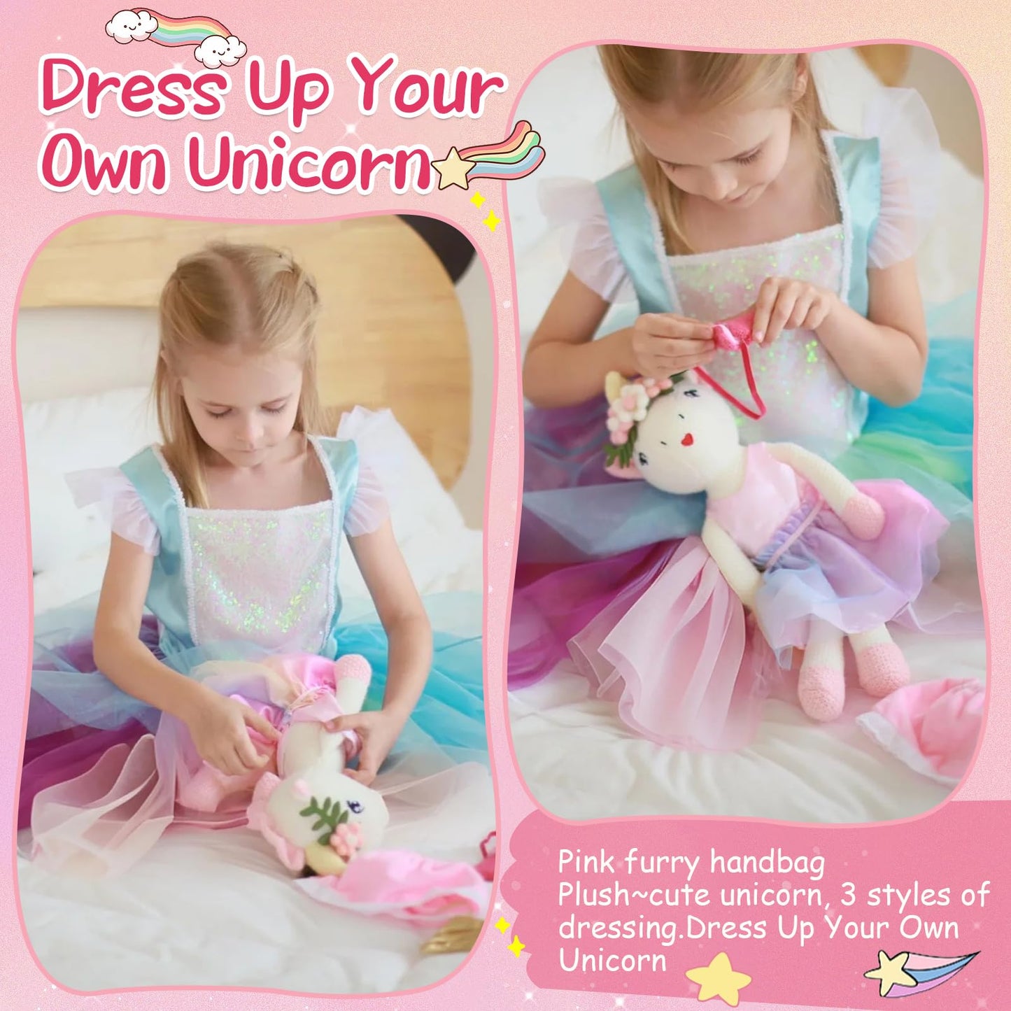 Unicorn Doll Stuffed Animal Toys for Girls - Ballerina Doll | Plush Carrier Bag | 3 Set Cloth Accessories, Kids Pretend Play Crochet Gifts, Birthday Gift for 3 4 5 6 Year Old Little Girl Unicorn Toys