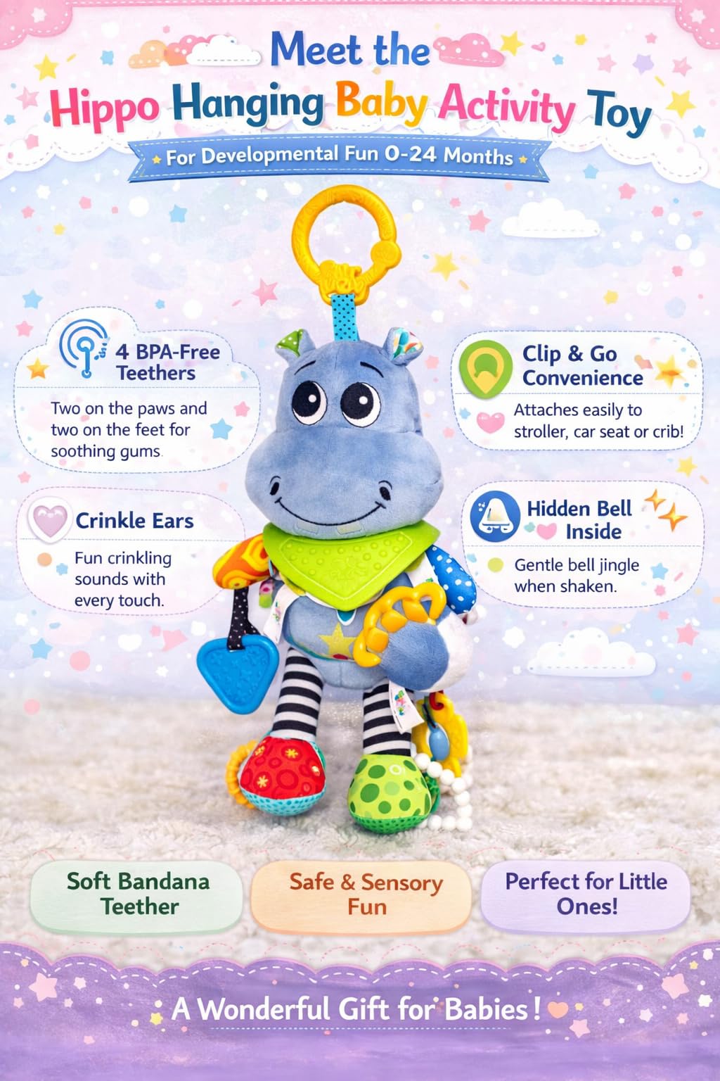 Balibazoo Hippo Hanging Baby Activity Toy – Soft Plush Sensory Toy with 3 BPA-Free Silicone Teethers, Crinkle Ears & Hidden Bell | Clip for Stroller and Car Seat | Developmental Toy 0-24M | Gift