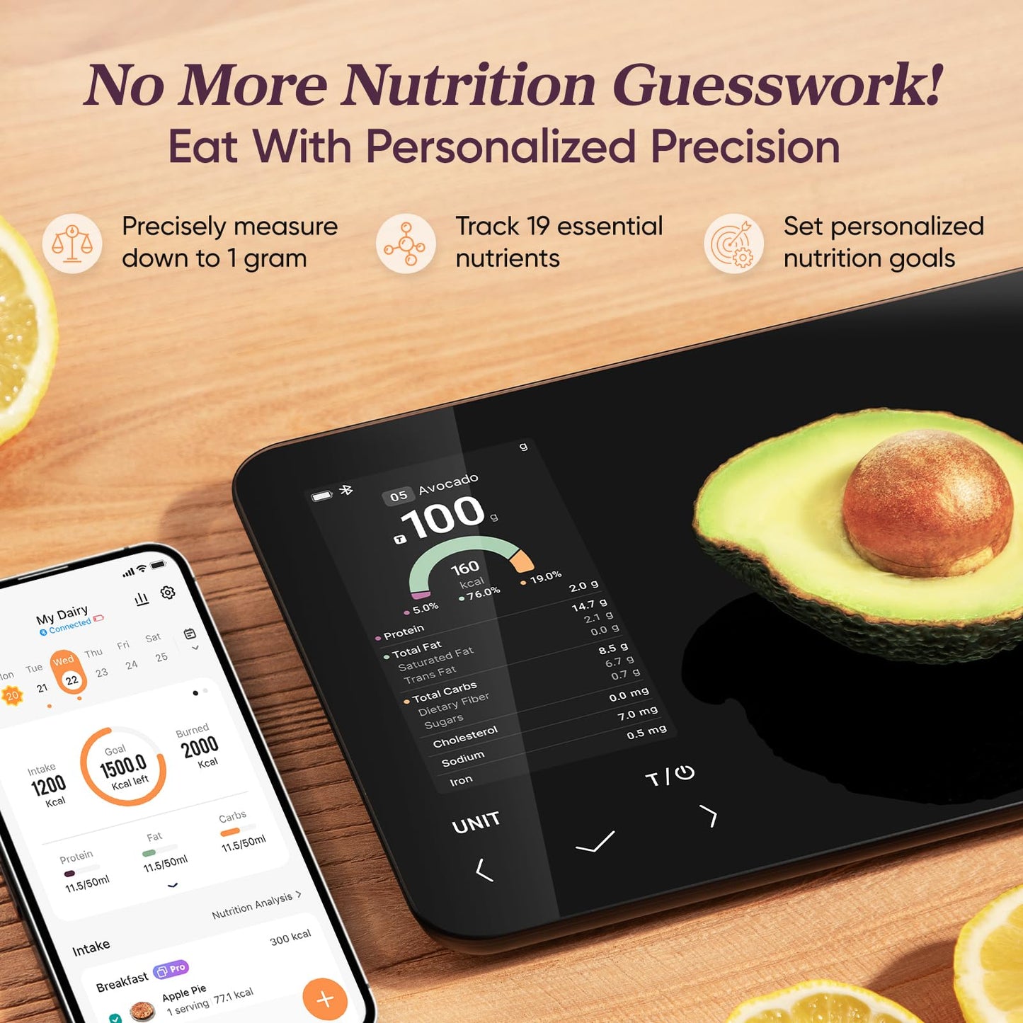 Cosori Smart Food Kitchen Scale with Nutritional Calculator, Free App for AI Scan, Calorie & Macro Tracking, Food Preload, On-Screen Nutrient Info, Personal Goals, Rechargeable, 11 lb / 5 kg