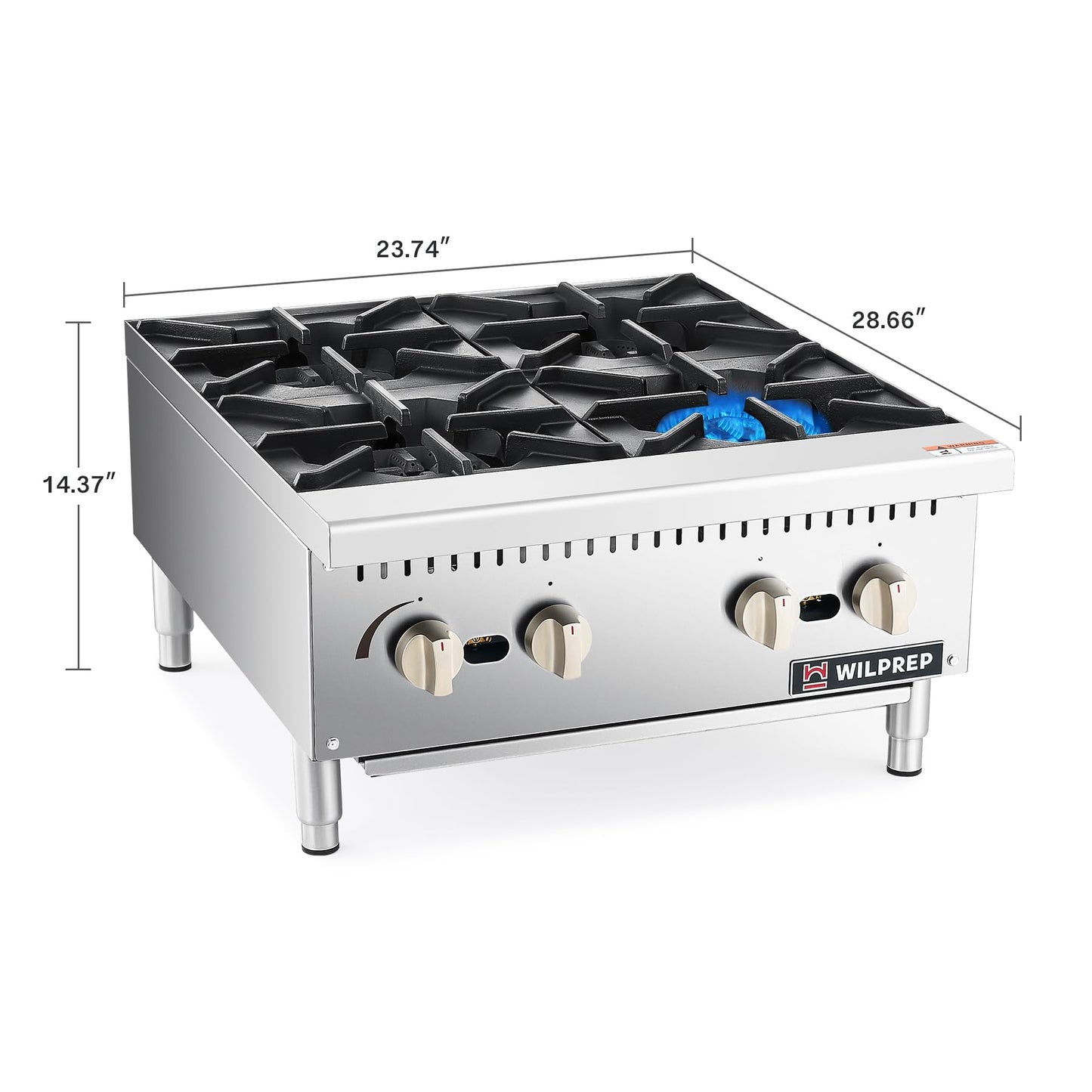 WILPREP Commercial Countertop Gas Range, 4 Burner 100,000 BTU Stainless Steel Gas Cooktop, 24" NG/LPG Convertible with Durable Grates, Perfect for Professional Restaurant Kitchen & Catering