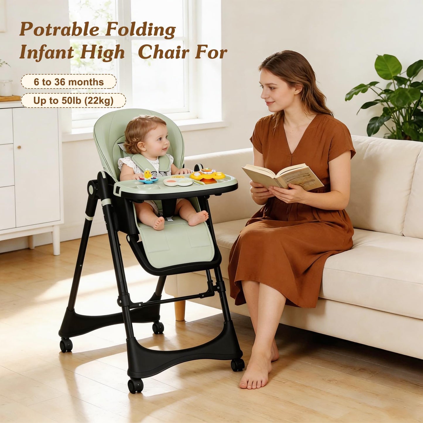 3-in-1 Baby High Chair with Soothing Rocker | Convertible Baby High Chair for Babies and Toddlers | Brake Wheels, Easy Clean, Space Saving | Adjustable, Removable Tray (Black Green)