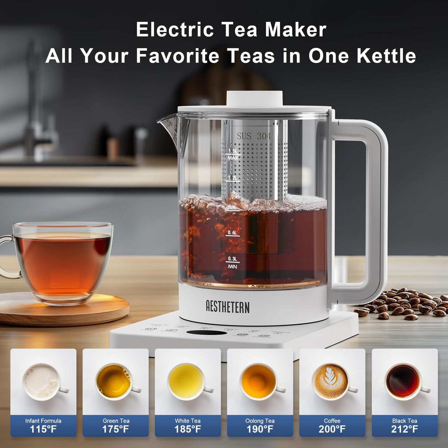 Aesthetern Electric Tea Kettle with Infuser Temperature Control and Automatic Shut Off 24 H Keep Warm for Coffee Water Heater and Tea Pot Glass White 1.5L
