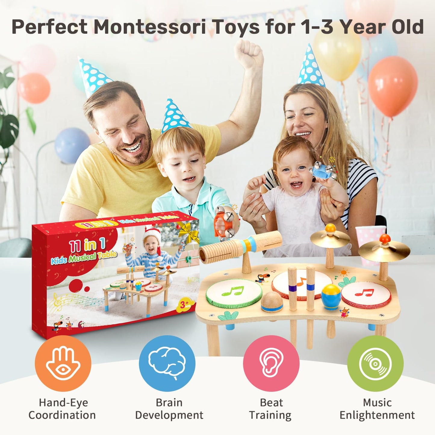 WINGYZ 11-in-1 Toddler Drum Set-Wooden Baby Musical Instruments & Montessori Musical Toys for Toddlers 1-3, Music Table with Bongo Drums, Cymbals, Maracas & Wrist Bells for Early Rhythm Play