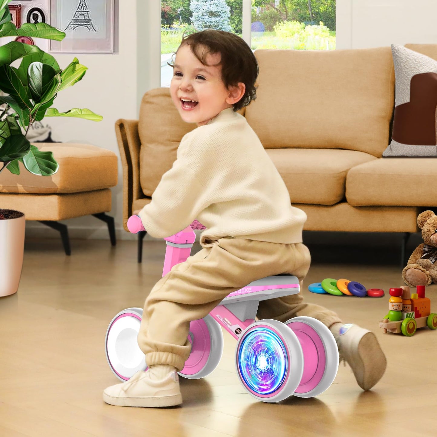 ESPRAY Colorful Lighting Baby Balance Bike Toys for 1 Year Old Girls Gifts, Toddler First Bike 12-24 Months with Adjustable Soft Seat, 4 Silent Wheels Ride on Toy, Perfect First Birthday Gift