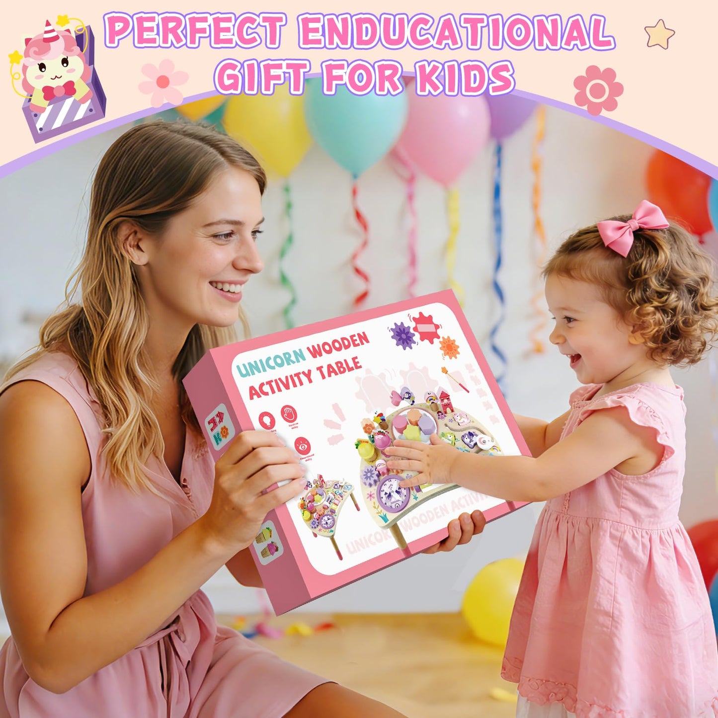 Hewaurorion Wooden Activity Table for Toddlers 1-3, Unicorn 10-in-1 Montessori Busy Board with Bead Maze Shape Matching Gears Clock, Sensory Learning Toys for 1 2 3 Year Old Girls Boys Birthday Gift