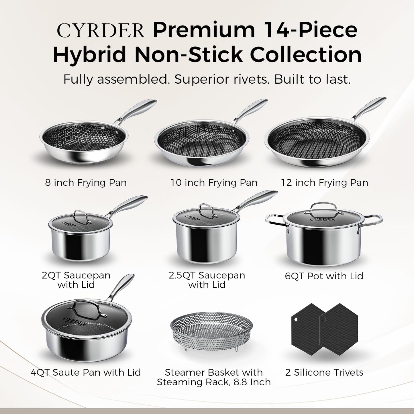 Nonstick Pots and Pans Set, 14 Piece Hybrid Hex Non Stick Stainless Steel Cookware with Frying Pans, Saute Pan, Saucepans & Stock Pot - Induction Compatible, Dishwasher &Oven Safe, PFOA Free