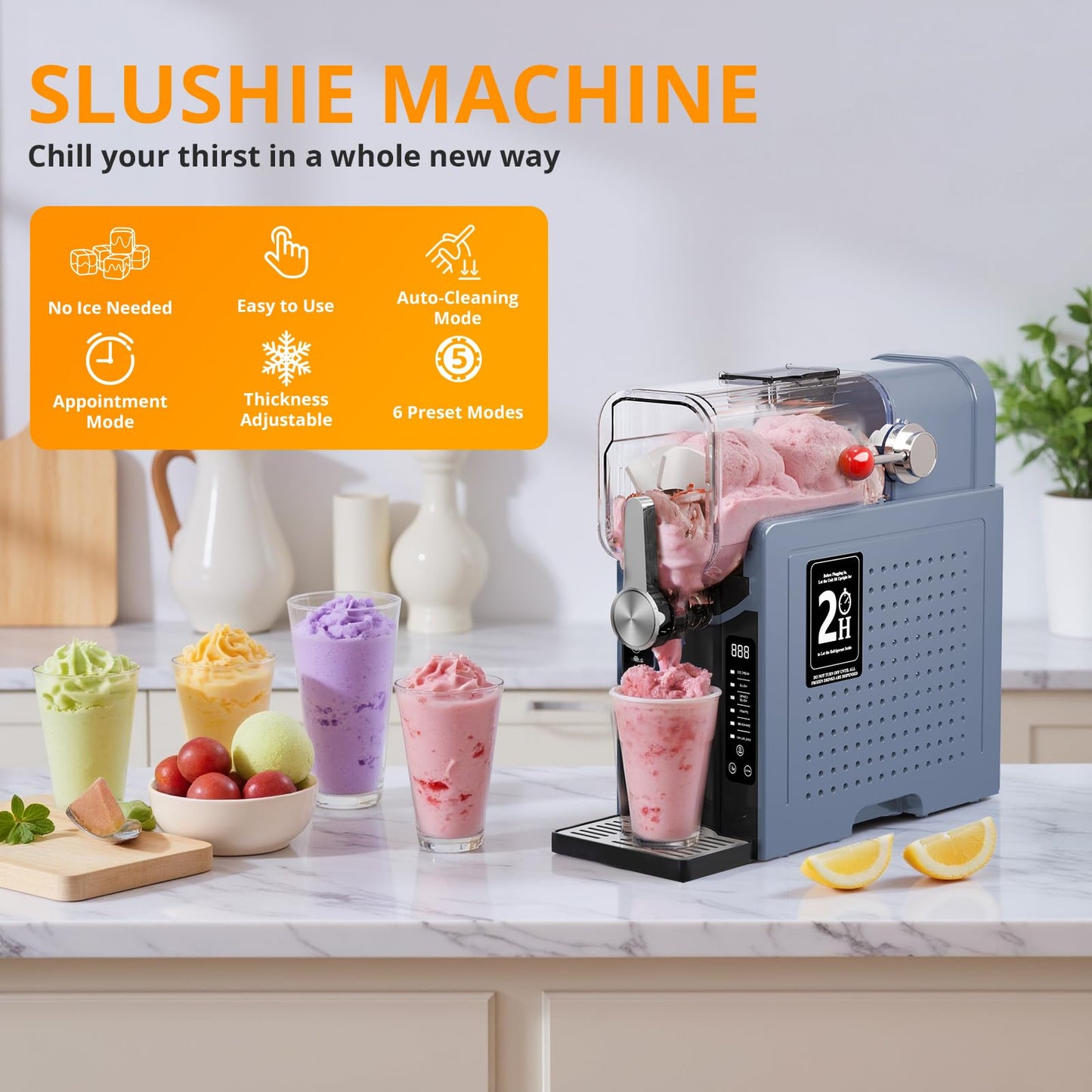 Slushie Machine, Sand Ice Maker, Frozen Drink Maker with 6 Preset Modes | No Ice Needed | Self-Cleaning Slush Machine for Home or Commercial Use | Perfect for Smoothies, Margaritas, Milkshakes