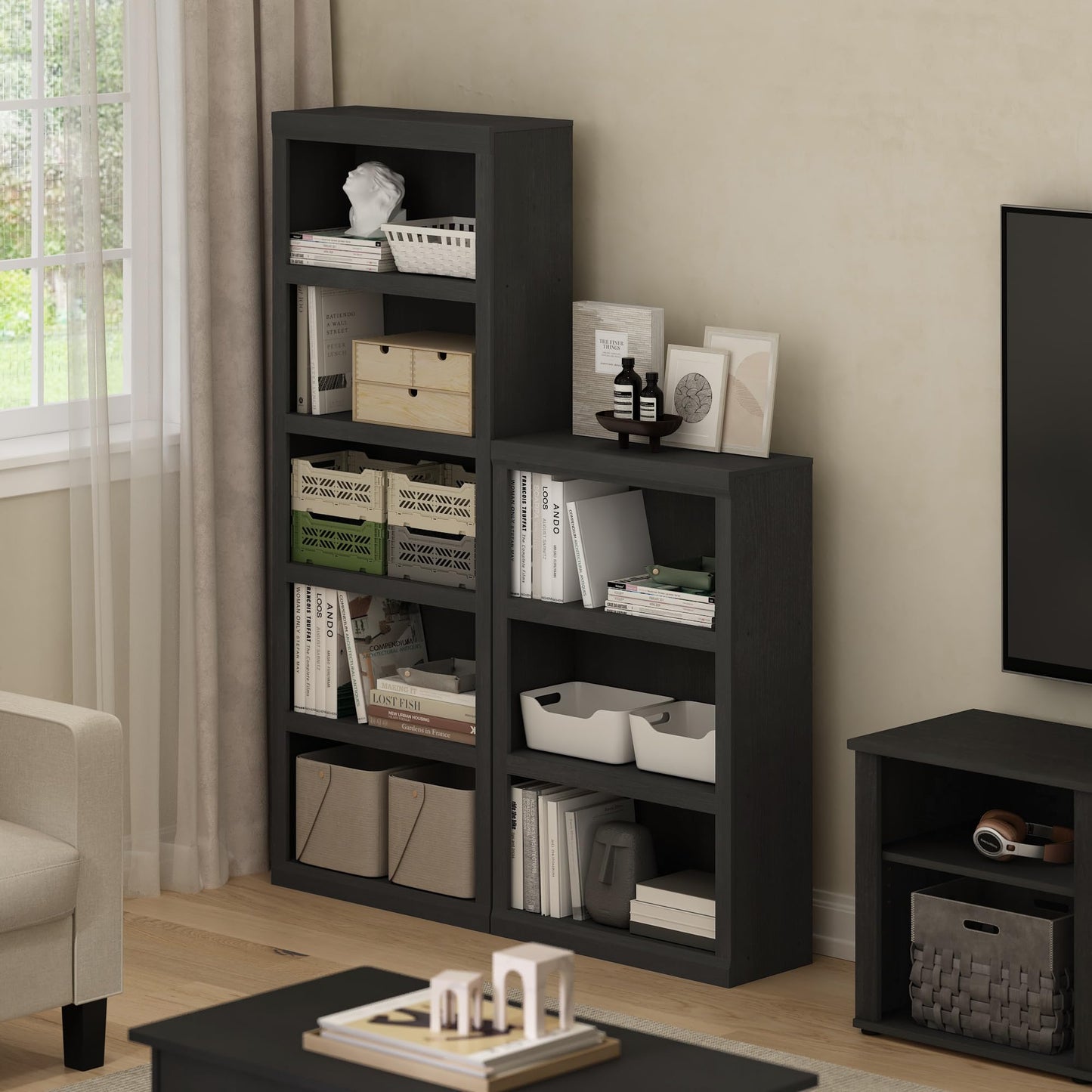 Furinno Rail Book Shelf, 5-Tier Bookshelf, Bookcase with Open Shelf, 10.1 x 24.6 x 63.5, for Living Room, Bedroom, Home Office, Blackwood