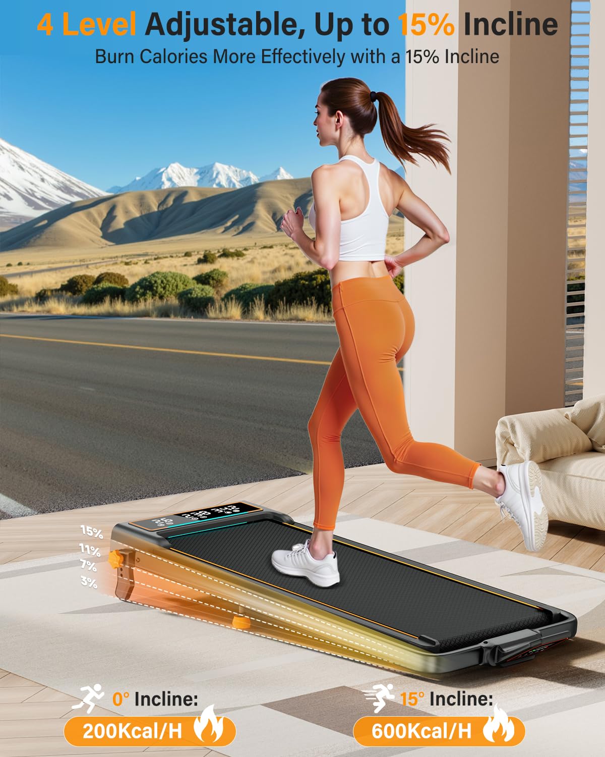 Treadmill Walking Pad with 15% Incline/Handle Bar/2 LED Display, 3.5HP Portable Treadmills for Home Small, Foldable Walking Pad Treadmill 350+lb Capacity, Smart App, 4 Adjustable Incline, RGB Light