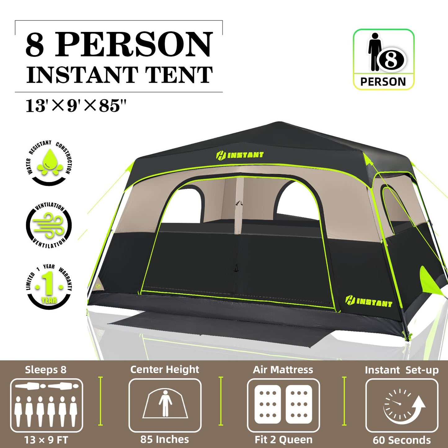 HINSTANT 4/6/8 Person Instant Tent, Waterproof Pop Up Tents for Camping with Rainfly, 60 Seconds Easy Setup, Automatic Cabin Tent for Family Camping with Expandable Carry Bag & Upgraded Ventilation