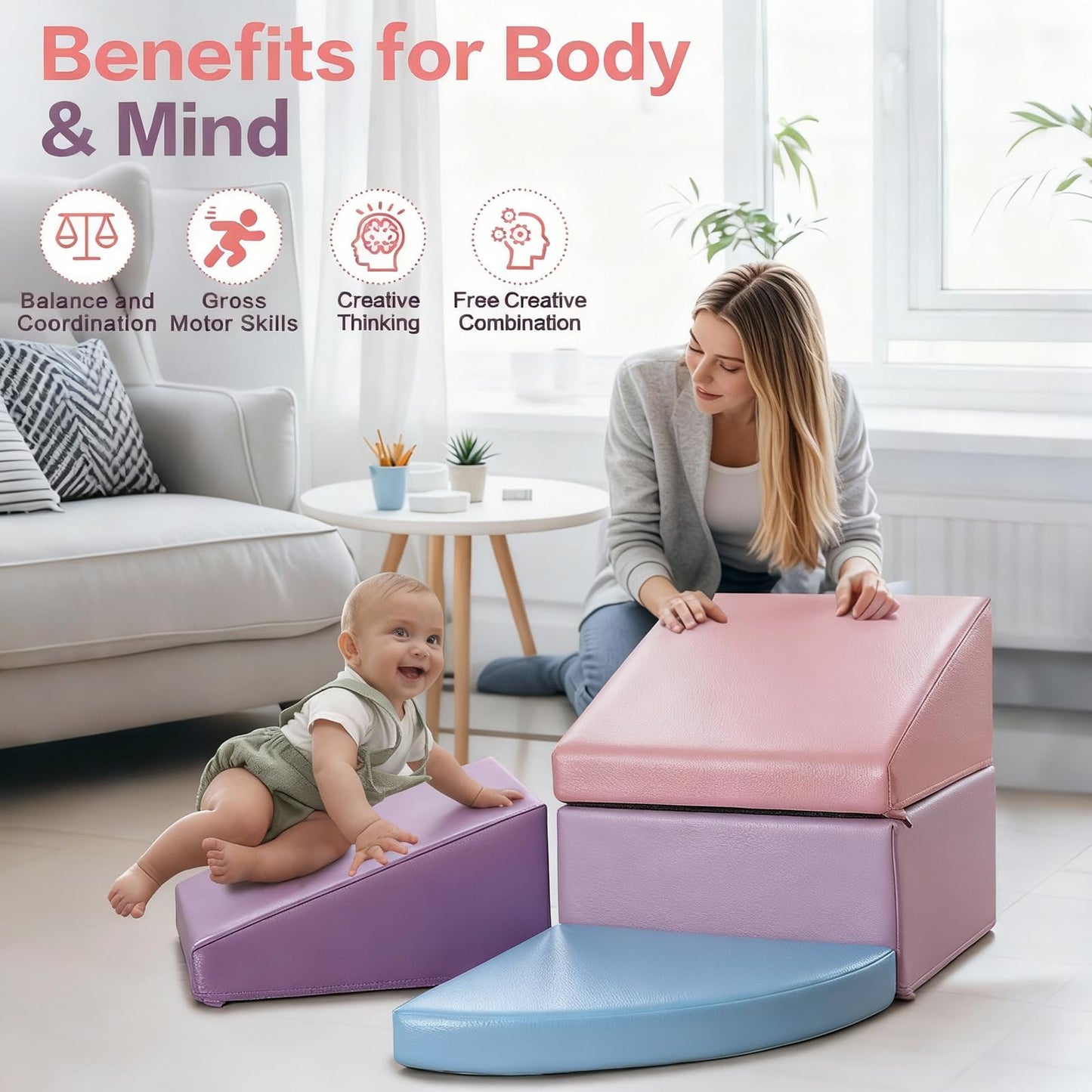 Climbing Foam Blocks for Toddlers: PU Leather Foam Blocks for Kids Active Play - Toddler Climbing Toys Indoor - Durable Playground Gym Preschool Toddler Toys for Boys and Girls (Purple/Pink)