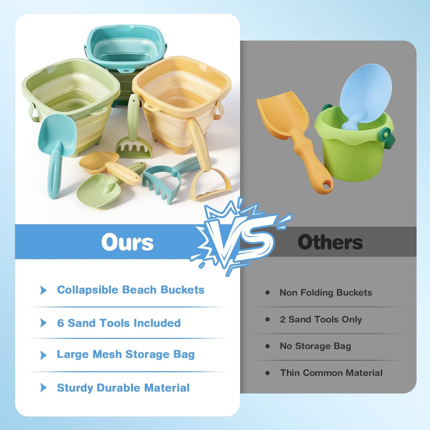 Dreamon Beach Toys, 3 Pack Collapsible Sand Buckets for Kids, Shovels & Rakes Set with Mesh Bag, Kids Beach Essentials Sandcastle Building Kit for Beach Trip Outdoor Play and Summer Fun