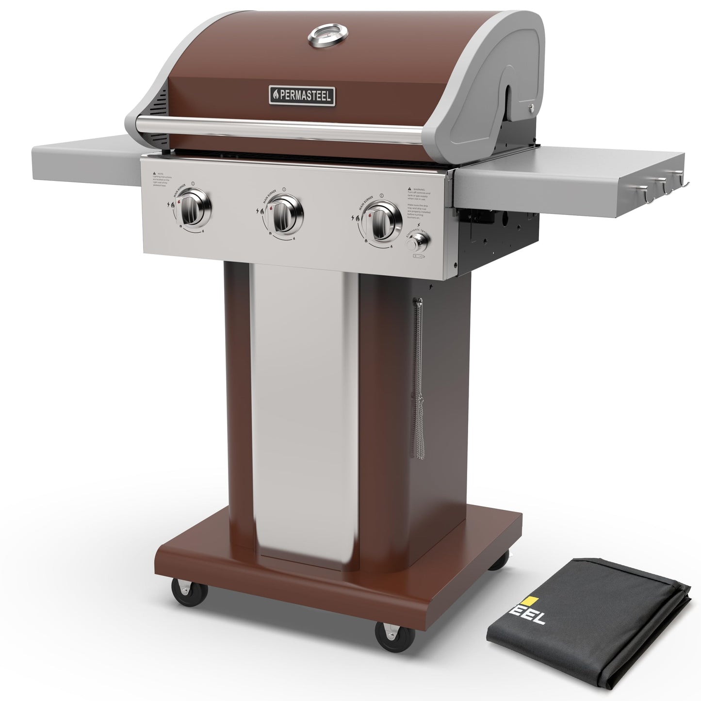 Permasteel 3-Burner Propane Gas Grill, 30,000 BTUs BBQ Grill with Cast Iron Grates, Foldable Side Tables & Tool Hooks, Outdoor Grill, Mocha +Bonus Cover