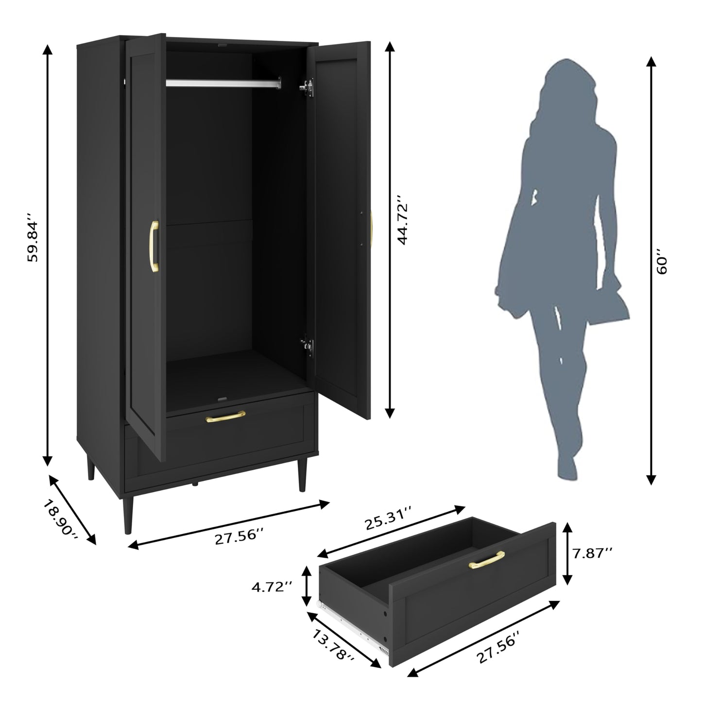 ALBSL Bedroom Armoire Wardrobe Closet with Hanging Rod,60" 2 Door Almirah for Clothes with Drawers,Morden Storage Cabinet,Black