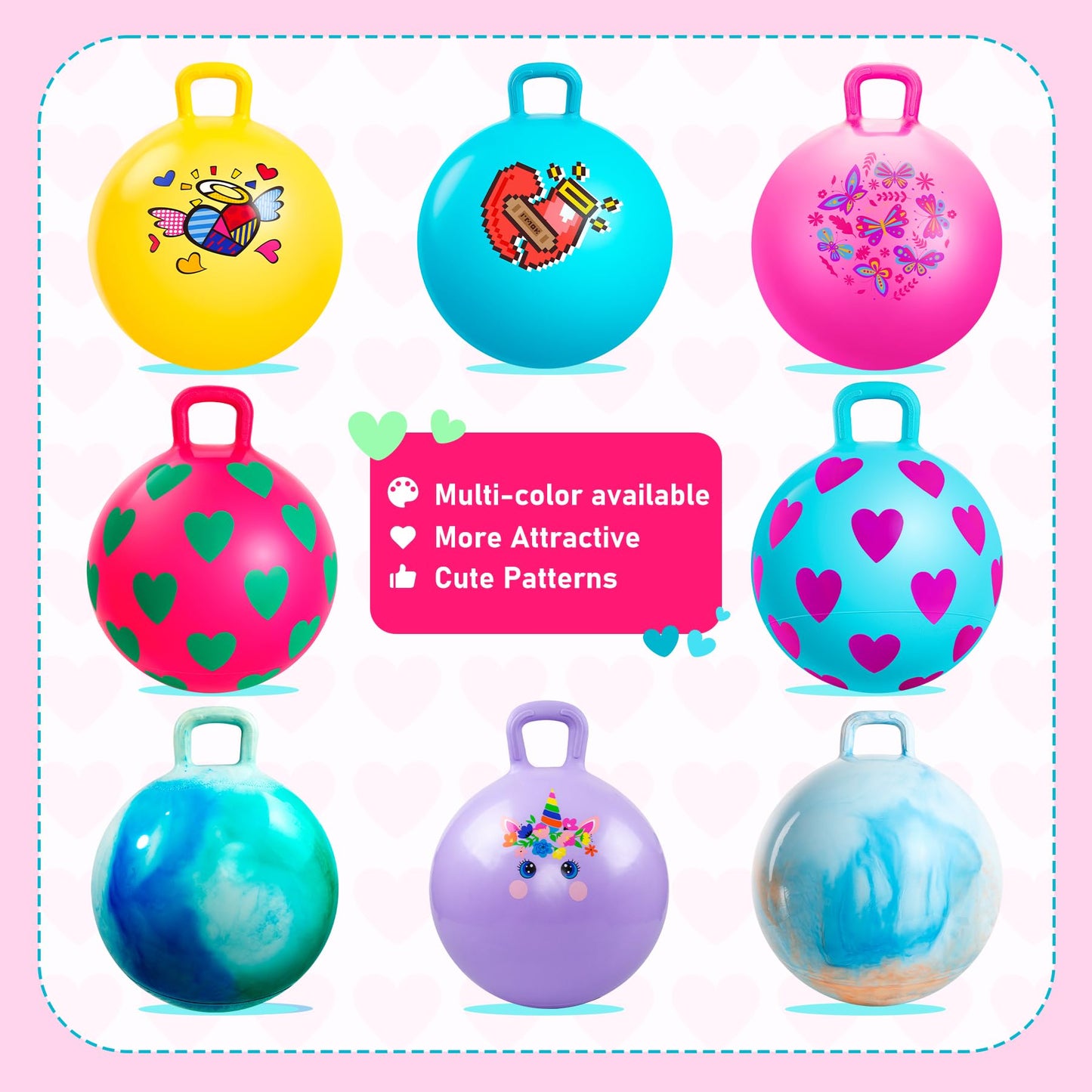 EVERICH TOY 2-Pack Hopper Ball for Kids, 15In Bouncy Ball with Handle, Full Heart Girls Toys for Indoor Outdoor Active Play, Great Balance Hopping Toys Gifts for 3 4 5 6 Yr Old Girls Boys