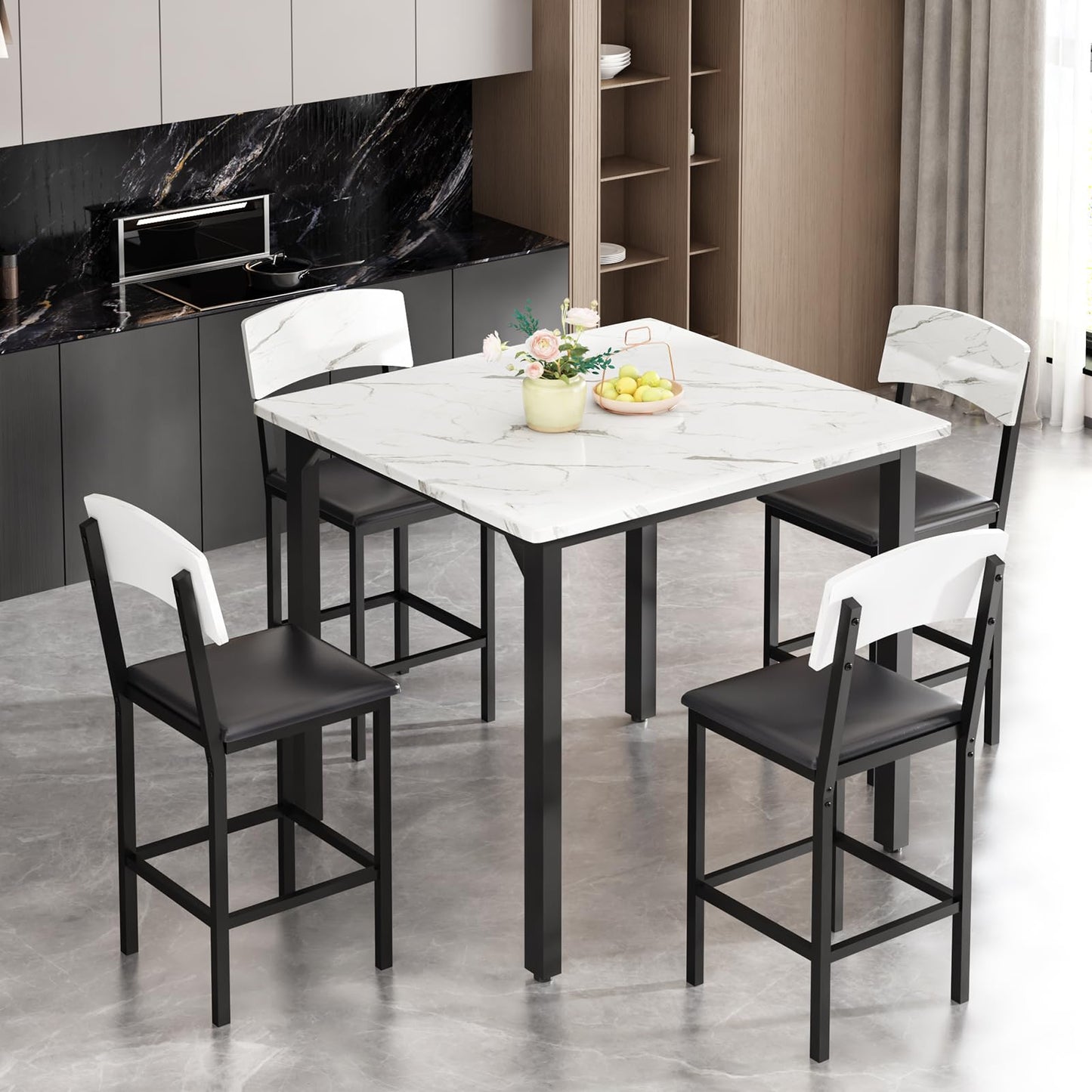 AWQM 5-Piece Dining Table Set, Dining Table Set for 4, Counter Height Table & 4 Bar Stools, Modern Kitchen Dining Set, with Upholstered Chairs, Compact Dining Set for Small Spaces, Marble Texture