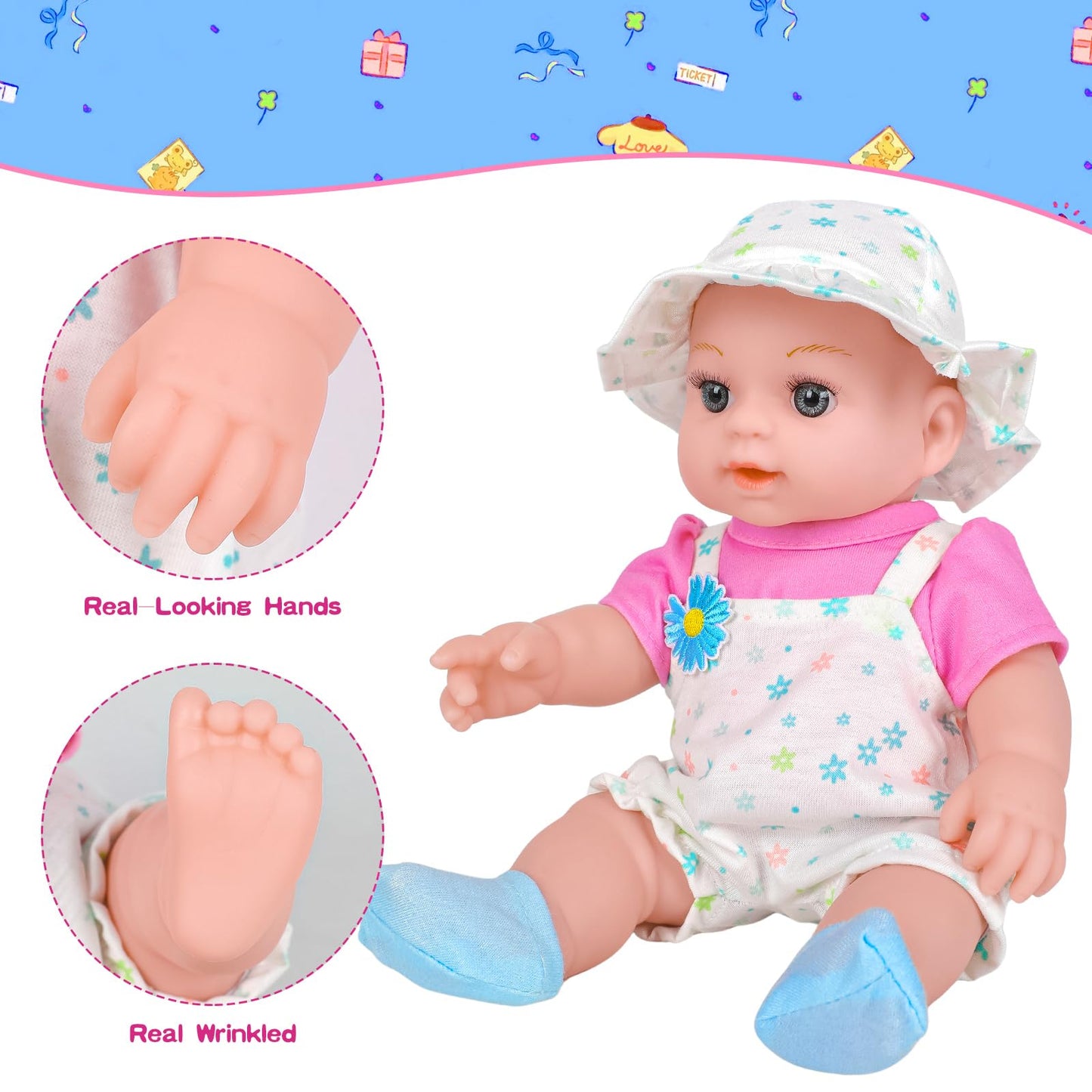 12" Girls Baby Doll Daisy Theme Backpack Carrier Playset,12 Inch Reborn Baby Dolls With Accessories And Clothes Set Toy Stuffs Pink Hanky Diaper Bottle Nipple And Gifts For Baby Toddler Age 3+