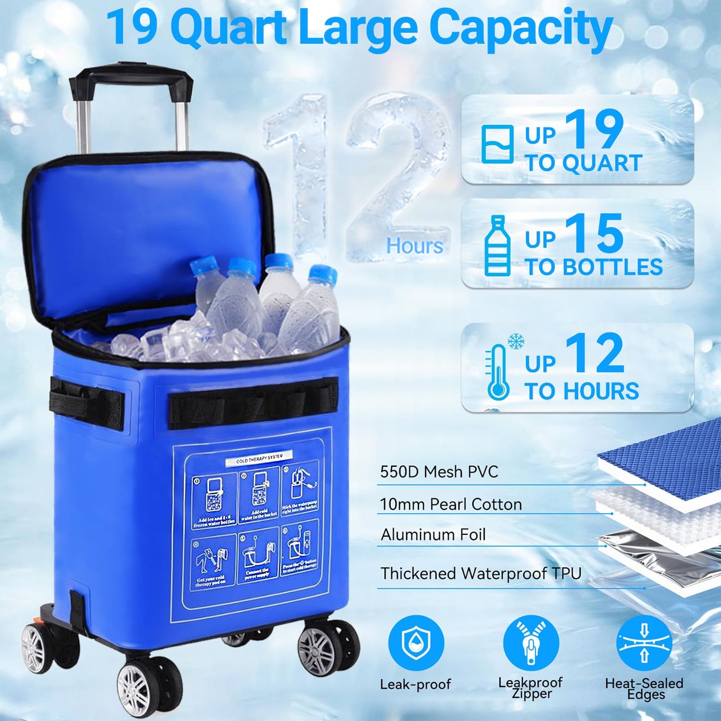 Ice Machine for Knee After Surgery, Cold Therapy Machine for Knee Replacement, Portable Ice Therapy Machine with Wheels, Handle for Pain Relief - Unisex for Men/Women