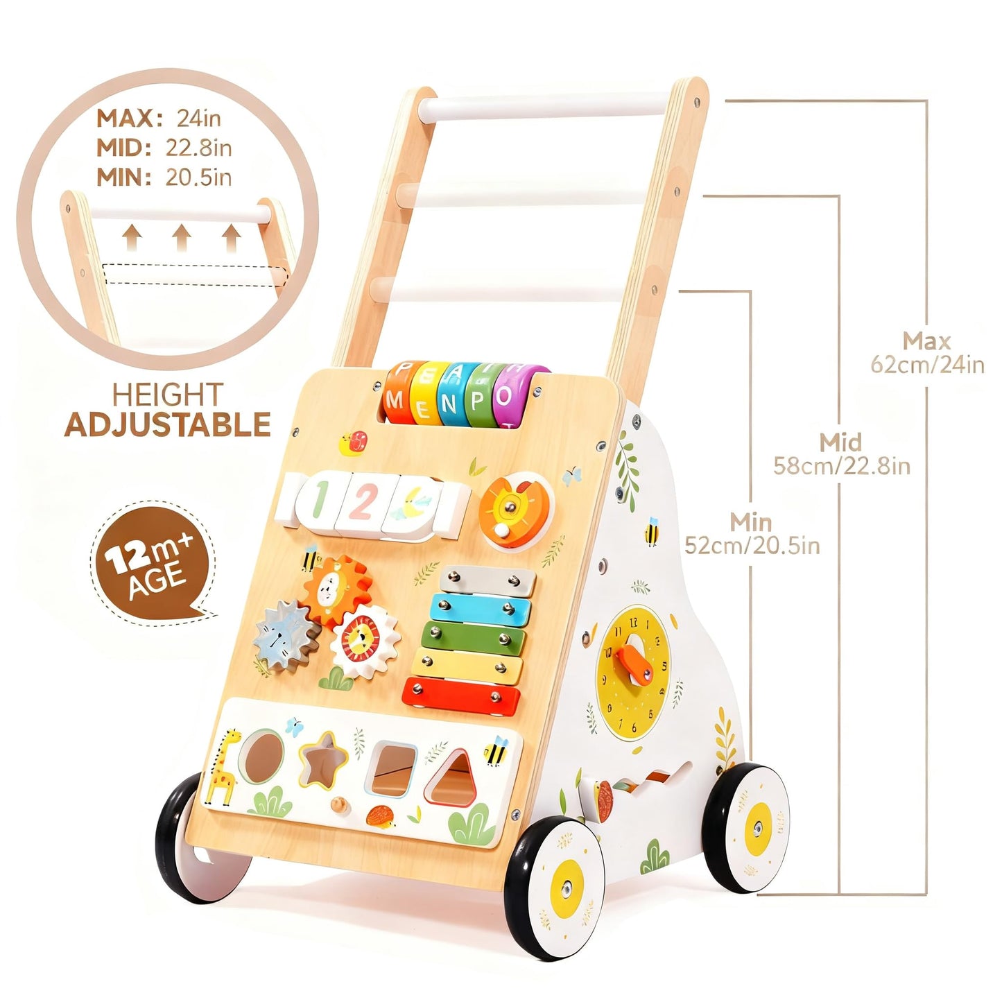 Wooden Baby Walker with Wheels, Baby Push Walker Adjustable Speed for Boys and Girls,Montessori Activity Center Walking Toys for 1 Year Old Learning to Walk,First Birthday Gift