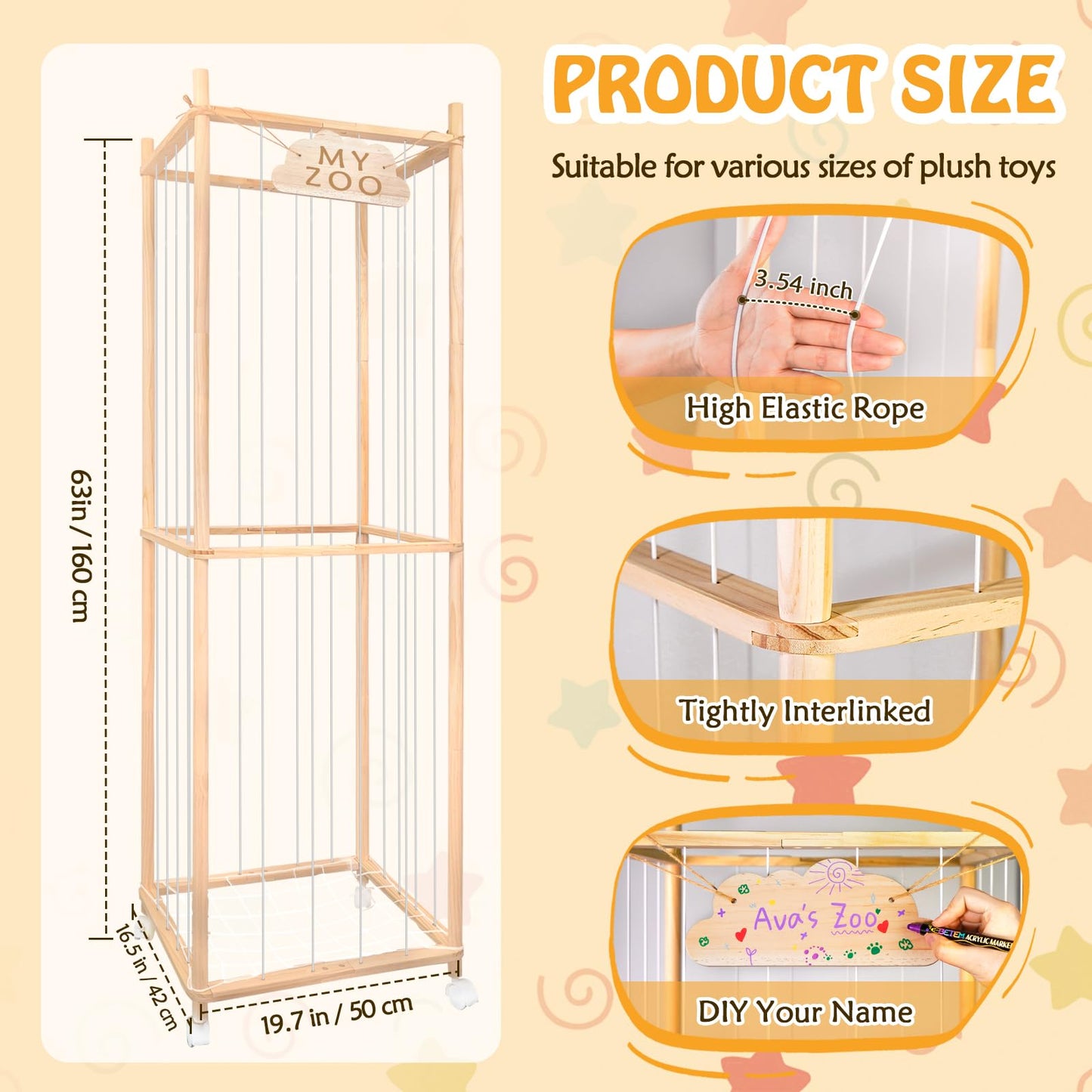 BETBEM Stuffed Animal Storage Zoo with Wheels, 64" Wooden Large Stuff Animals Plushies Holder Toy Organizer Kids Plush Storage Cage with Elastic Band and Net for Nursery Playroom Corner for Toddler
