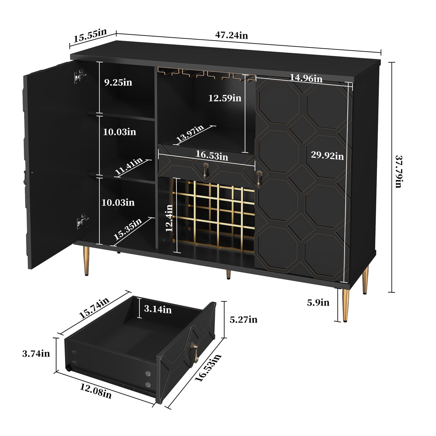MROJISC Modern Bar Cabinet with Drawer, Liquor Cabinet with Wine Glass Racks and Shelves, Geometric Door Buffet Sideboard for Dining Room, Living Room, Kitchen, Black