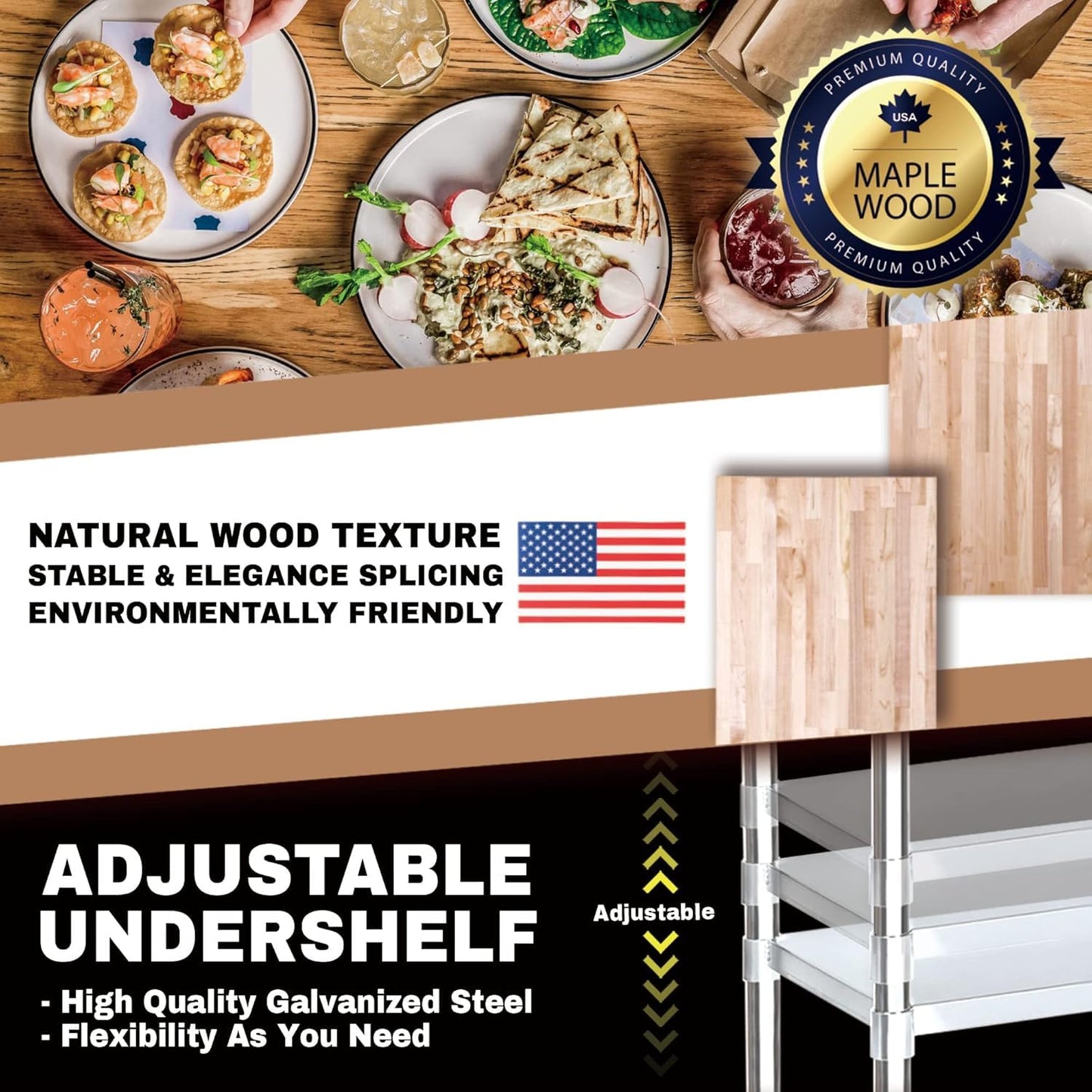 DuraSteel Butcher Block Counter Top - 24 x 30 x 34" Height with 4 Caster Wheels (2 Adjustable) - Kitchen, Side, Coffee, or Dining Table - Optional Base Leg Units, Natural Maple Slab Work Bench Top
