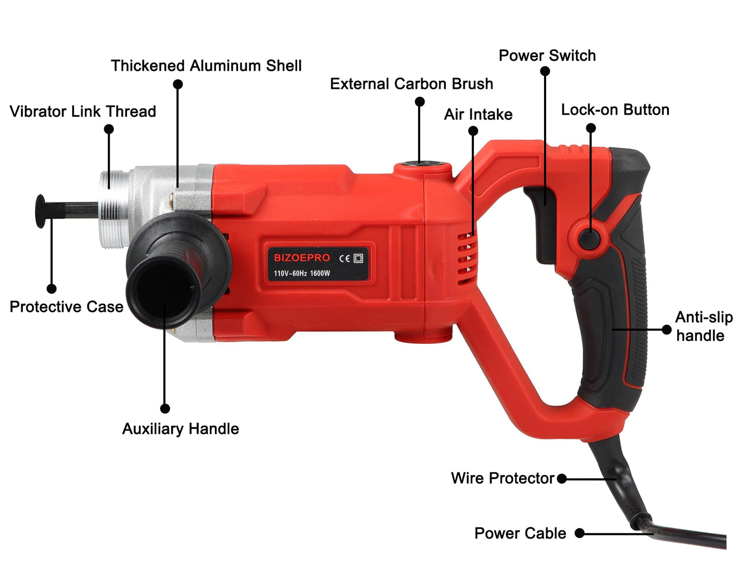 Bizoepro HandHeld Concrete Vibrating Tool, 1600W 15000RPM Electric Concrete Vibrator 6.6ft Shaft Rod 2HP Portable Pencil Cement Remove Air Bubble and Mix Concrete