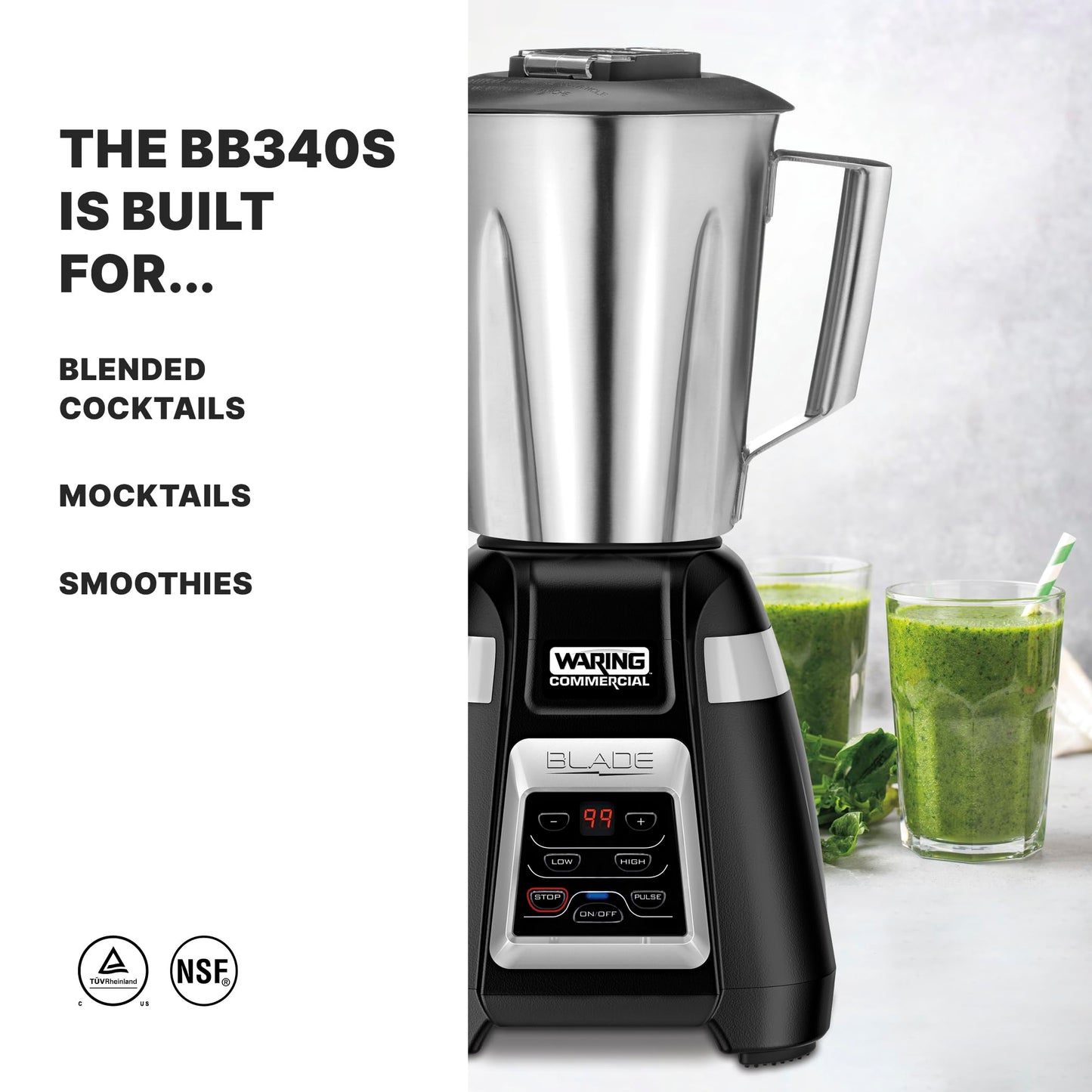 Waring Commercial BB340 Blade 1 HP Blender, 2-Speed Key Pad with Pulse and 99 Second Countdown Timer , 48 oz Stainless Steel Container, 120V, 5-15 Phase Plug