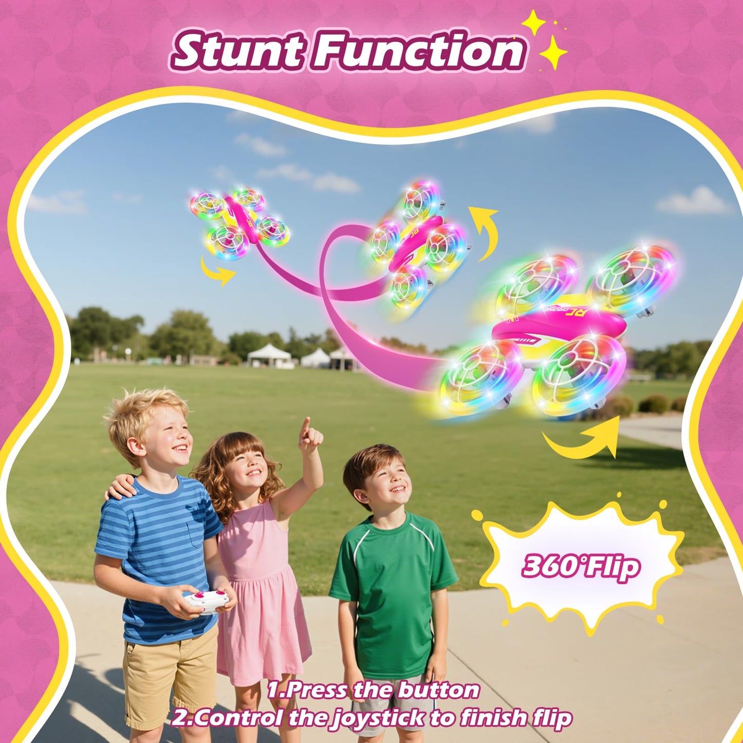 FUNPX LED RC Drone for Kids 6+, Christmas Birthday Gift for Boys & Girls with Remote Batteries, 360° Flip, High Speed Mode, 45 Min Flight Indoor and Outdoor Flying Toy - RoseRed Yellow