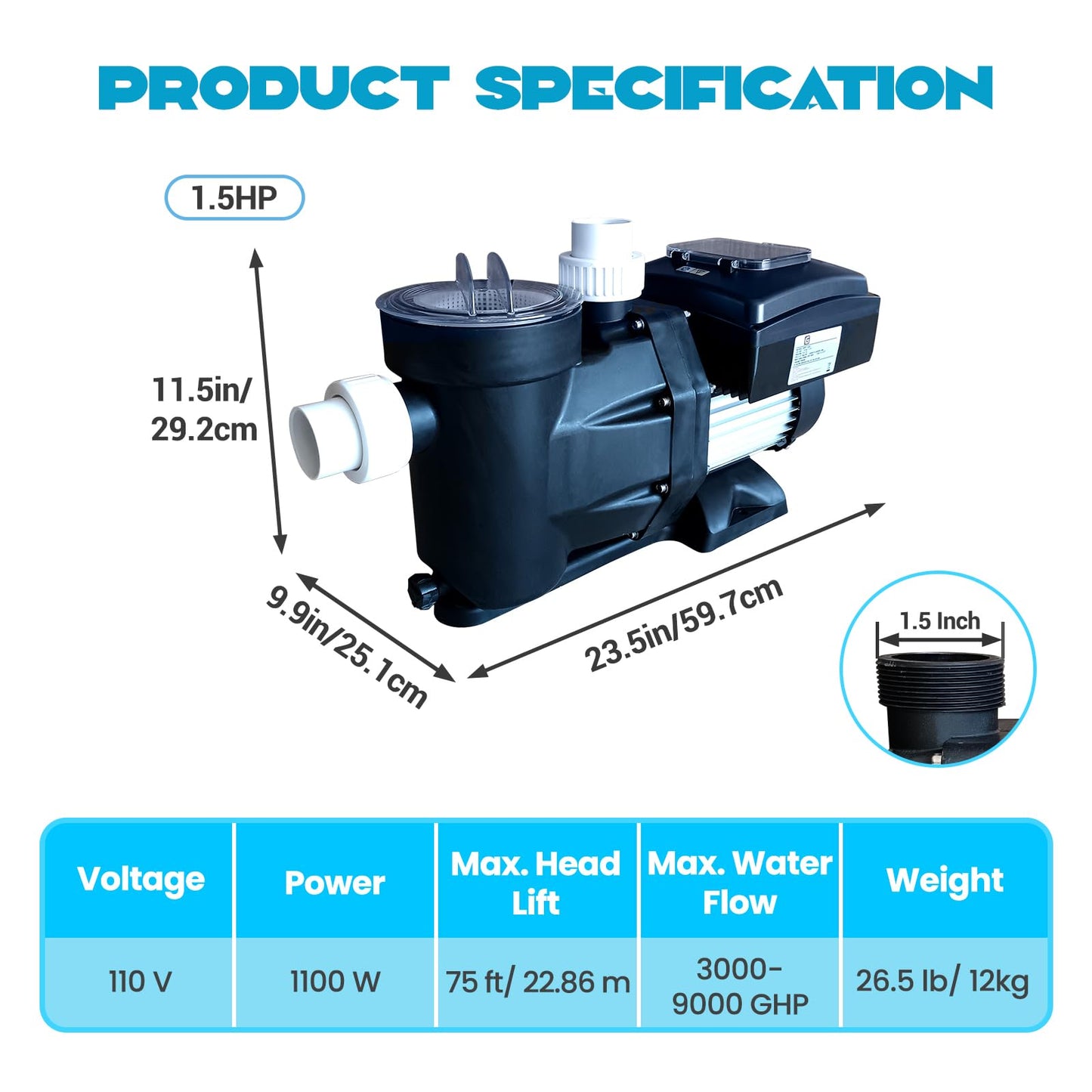 PeakPursuit High-Efficiency Variable Speed Pool Pump 1.5HP - 220V for Above/In Ground Swimming Pools | 3000-8000 GPH High Flow | Energy Saving, Quiet, ETL Certified (with Filter Basket)