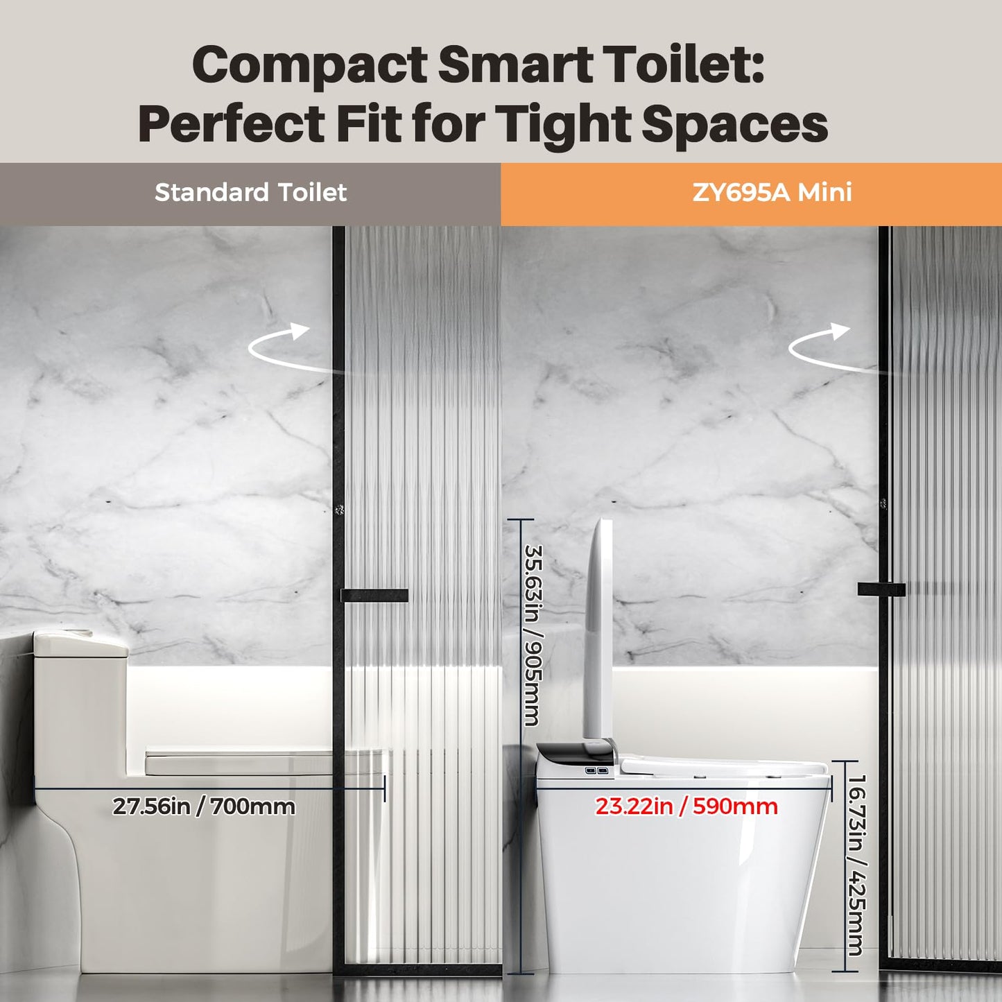 Bazyths Smart Compact Toilet for Small Bathroom, 23" Depth Shallow Toilet with Foam Shield Auto Open/Close Lid, 12" Rough In, Built-in Tank, Heated Seat Foot Sensor Flush One-Piece (ZY695A Mini)