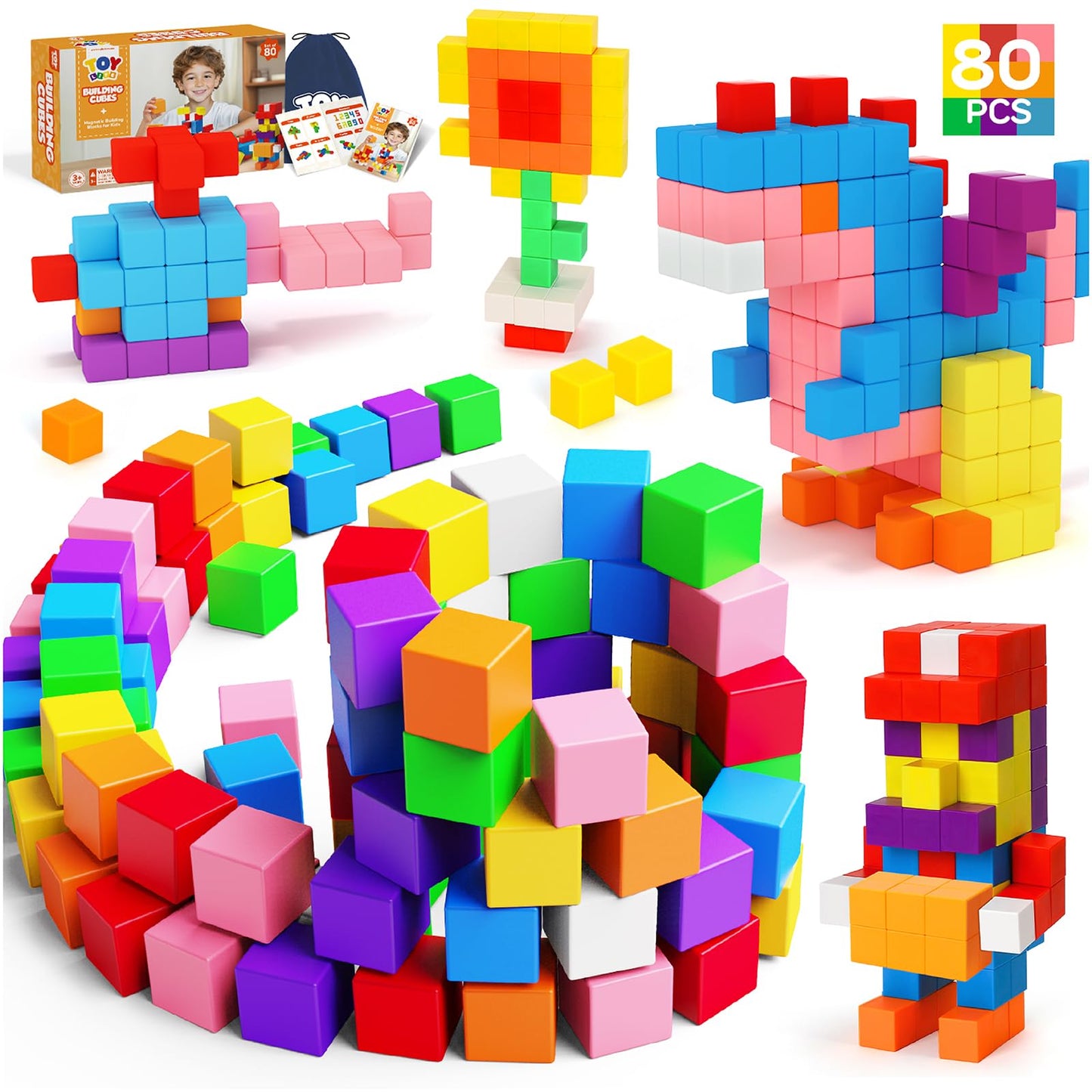 80PCS Magnetic Blocks, Magnetic Building Blocks for Kids Ages 3 4 5 6 Year Old, Magnet Cubes, Autism Montessori Toys, Preschool STEM Educational Sensory Magnet Toys Gifts for Kids 3-5 4-8