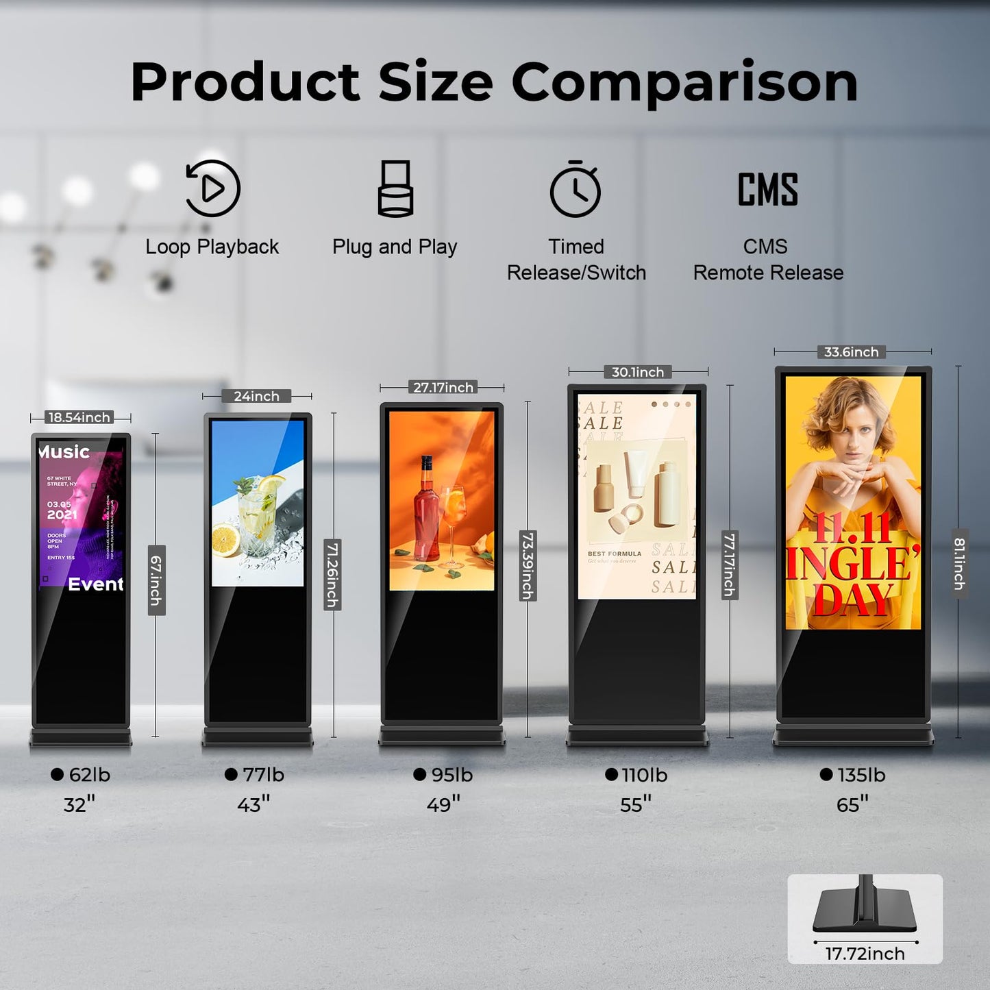 YCKJNB 32 inch Indoor Digital Signage Touchscreen IPS Floor Standing Digital Kiosks Interactive Displays with WiFi HDMI/USB Input Auto AD Player, Android OS Black