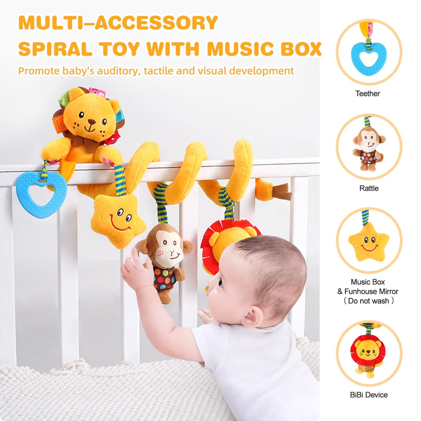 Jollybaby Crib Stroller Car Seat Toys for Baby 0-3-6-9-12 Months, Tummy Time Hanging Sensory Toys for Newborn with Music Box and Teether, Spiral Carseat Toy for Baby Boys Girls Gifts (07-Little Lion)