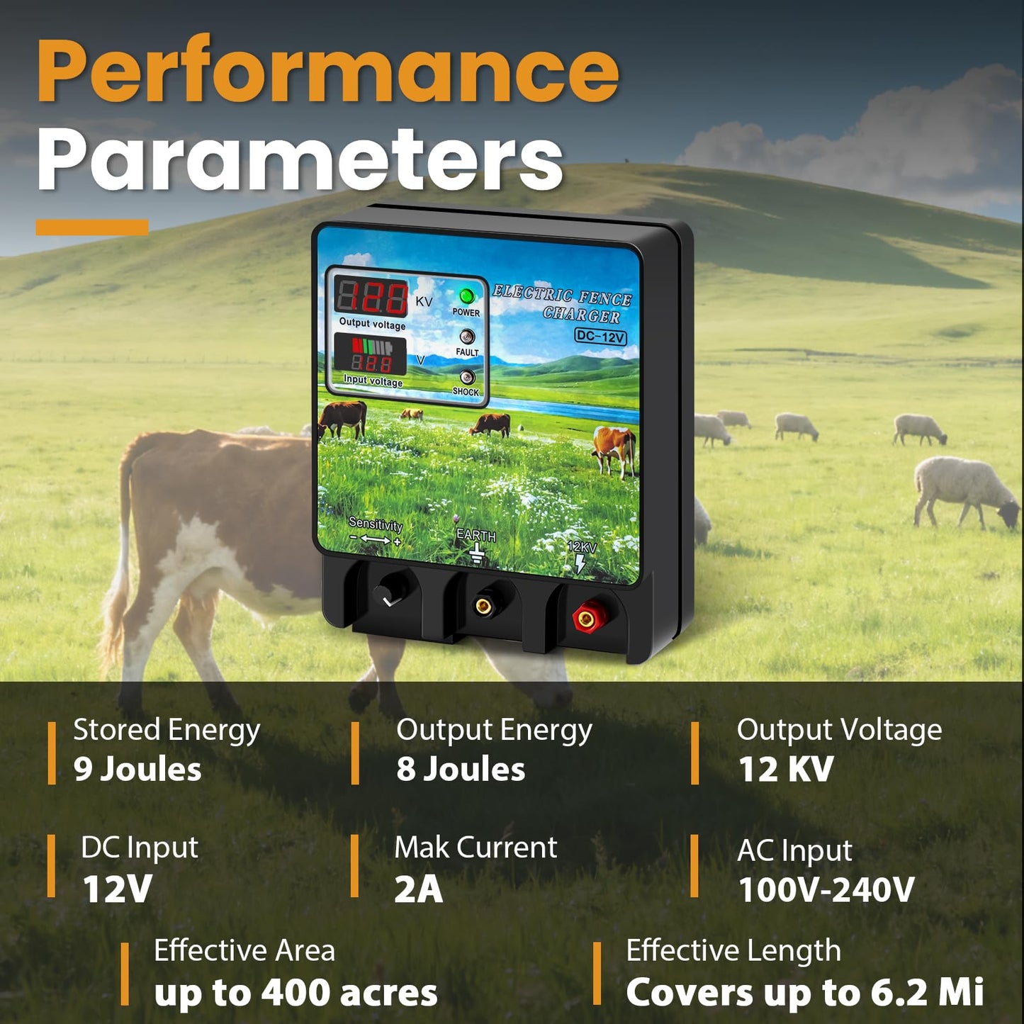 Watpumper 9 Joule Electric Fence Charger, 12KV Output, 400 Acres Coverage, DC 12V/AC 100-240V Input, Electric Fence Energizer with Alarm for Cattle, Cow, Goat, Horse, Livestock Protection, XSD-A740