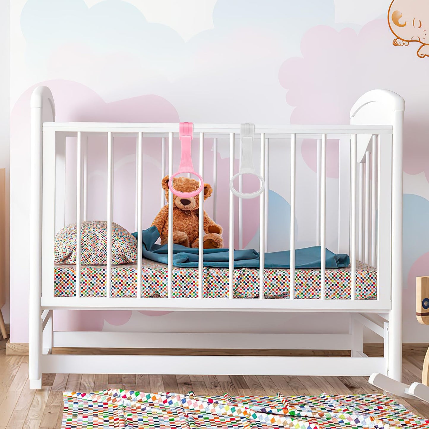 Baby Pull Up Rings for Playpen, Playpen Grippers and Assist Handles for Toddler Walking Training, Crib Standing Rings for Infant Playard, Nursery Accessories for Boy Girl, 4 Pcs