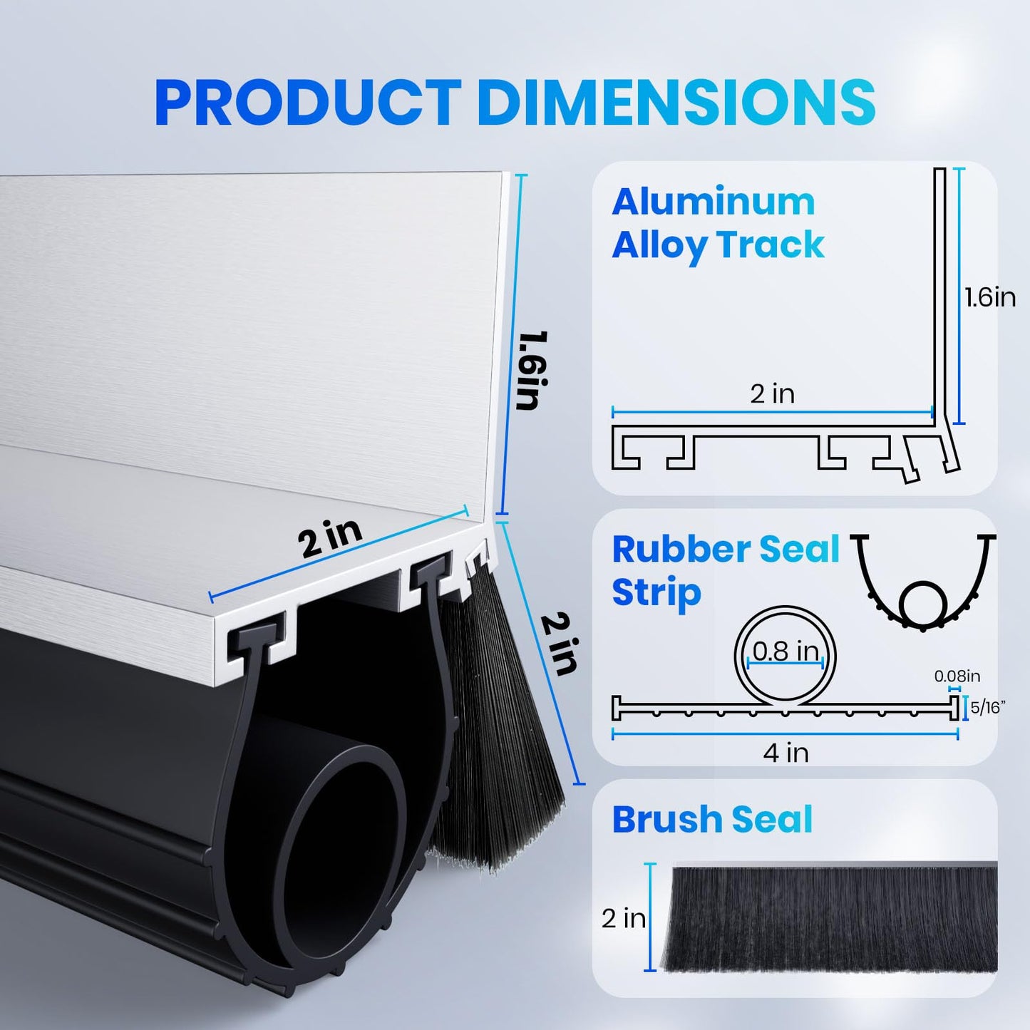 Professional Garage Door Seal Kit Fit for Steel/Wood Doors, Aluminum Garage Door Seal Track with 2" Brush+u+o EPDM Rubber Weatherstrip Dust & Heat Resistant,-40°f to 240°f, Pre-Drilled Holes (16.5 Ft)