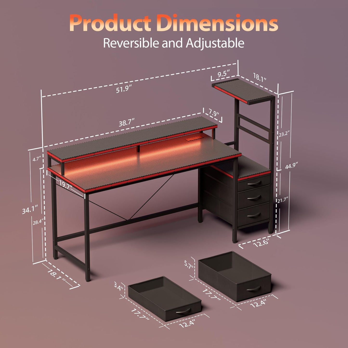 Mericonia Gaming Desk with Power Outlets & LED Lights, Reversible Computer Desk with PC Case Stand, Fabric Drawers, Modern Office Desk with Shelves, Monitor Stand (DJK-Carbon Fiber Black, 51 inch)