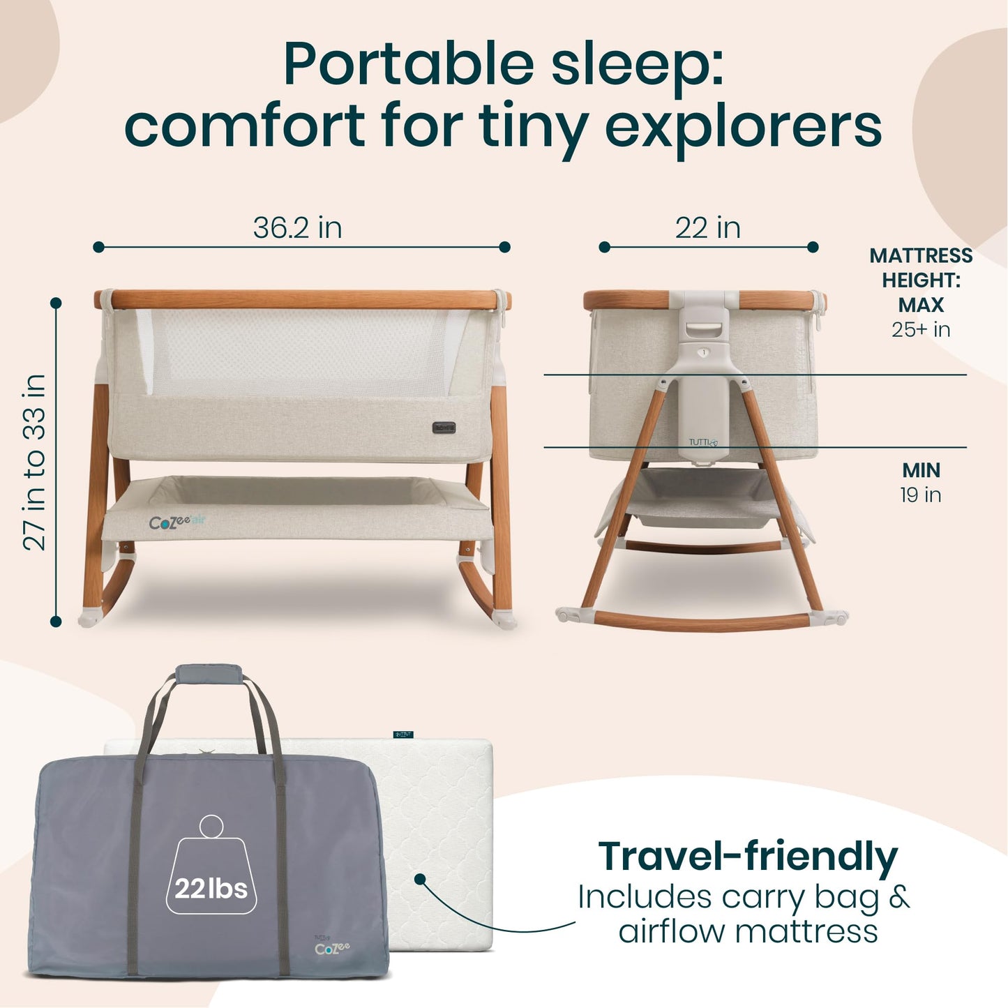 Tutti Bambini CoZee® Air Baby Bassinet & Bedside Sleeper - Rocking Bassinet for Baby, Fast-Folding with Travel Bag, Deluxe Airflow Mattress & 6 Mattress Heights, 0-6 Months (Walnut & Ecru)