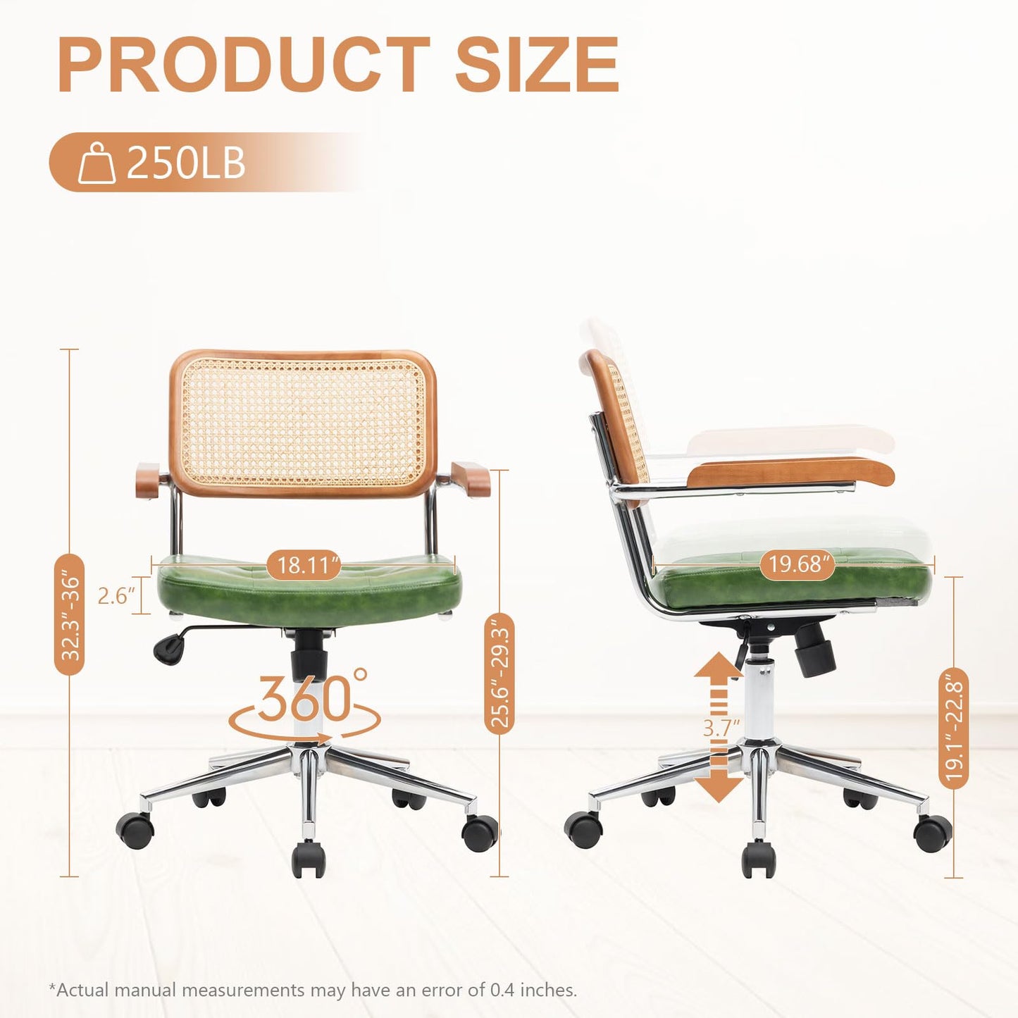 BALIAA Rattan Office Chairs, Modern Rattan Desk Chair with Natural Back & Wood Armrest, Small Upholstered Tufted Leather Home Office Desk Chairs for Home Office, Bedroom, Study, Green