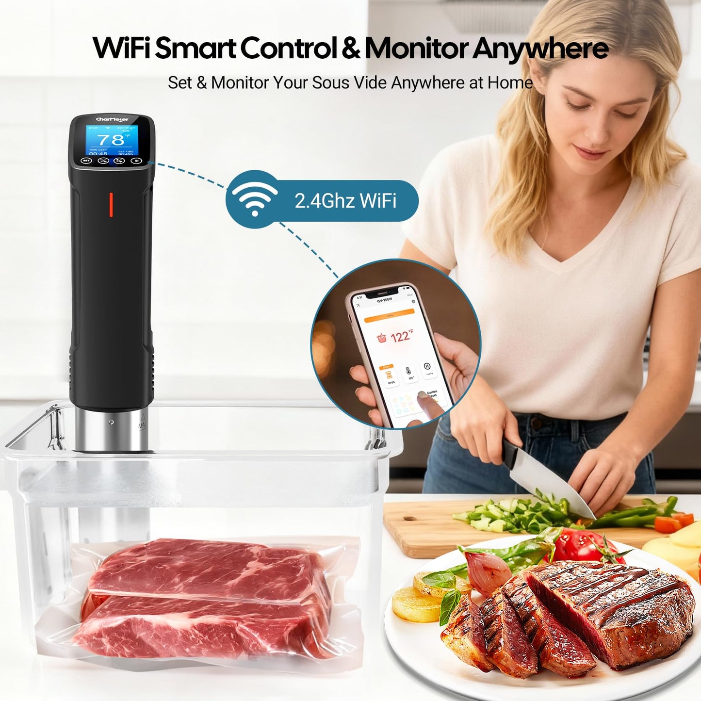 CharMeter Wifi Sous Vide Cooker 1000W, Ultra Quiet Immersion Circulator with Water Level Alarm, App Control with 14 Preset Recipes, Calibration & Timer Function,Fast/Stable Heating with Shared Control