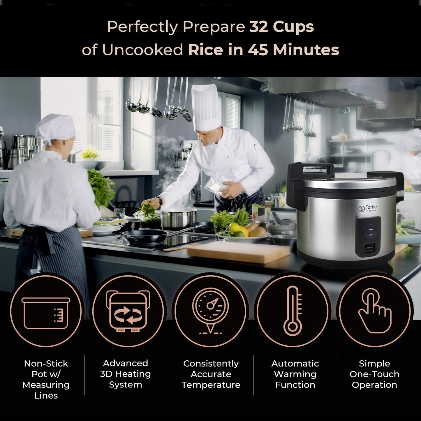Commercial Stainless Steel Rice Cooker - Professional 64 Cup Cooked (32 Cup Uncooked) Rice Maker Cooker With Non Stick Pot & Hinged Lid - Includes a Rice Measuring Cup & Rice Scoop